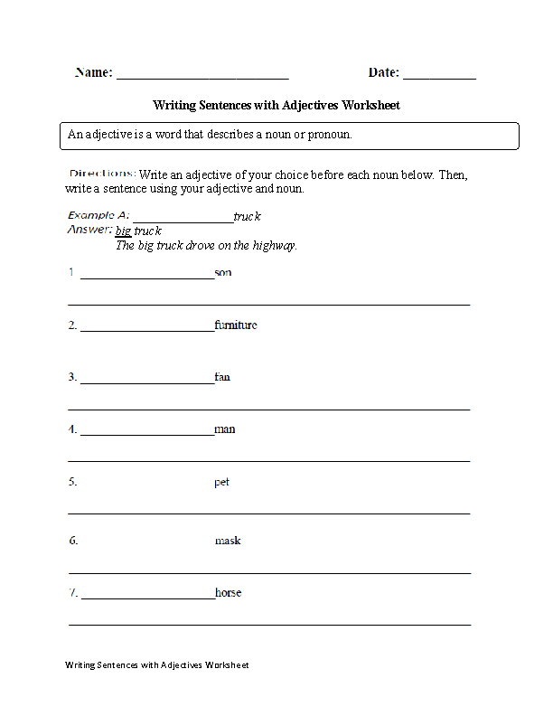 Writing Sentences with Adjectives Worksheet
