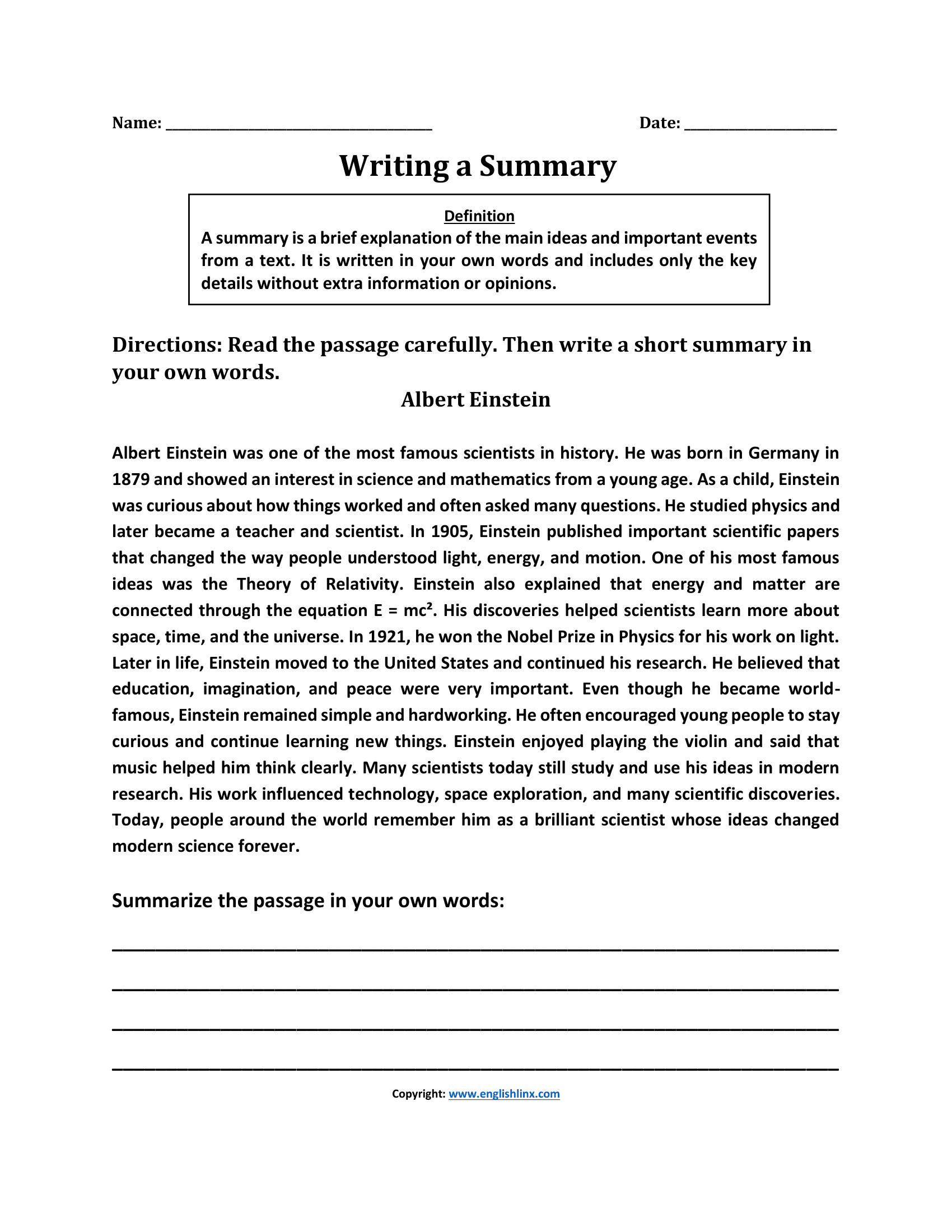 Writing a Good Summary Worksheets