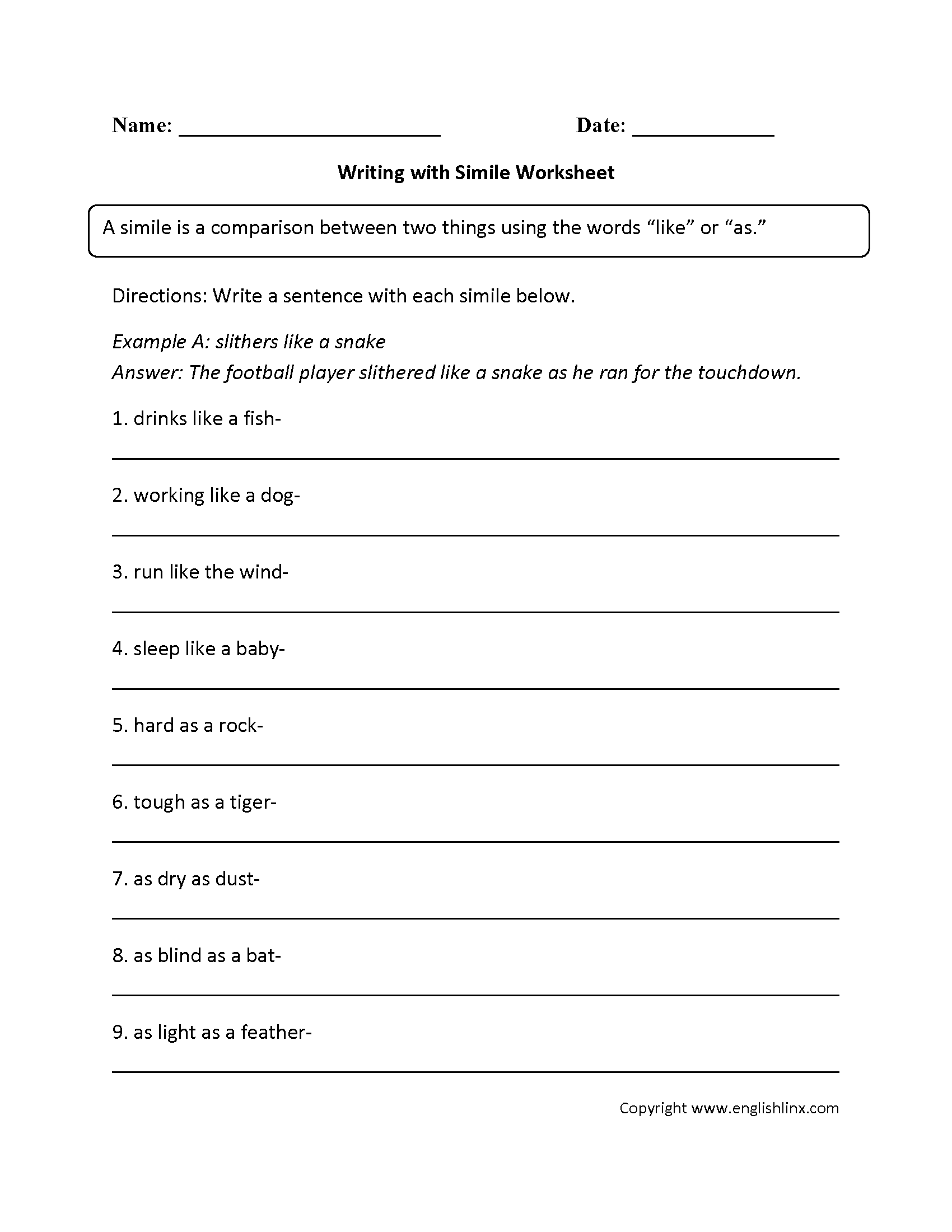 Writing with Similes Worksheet