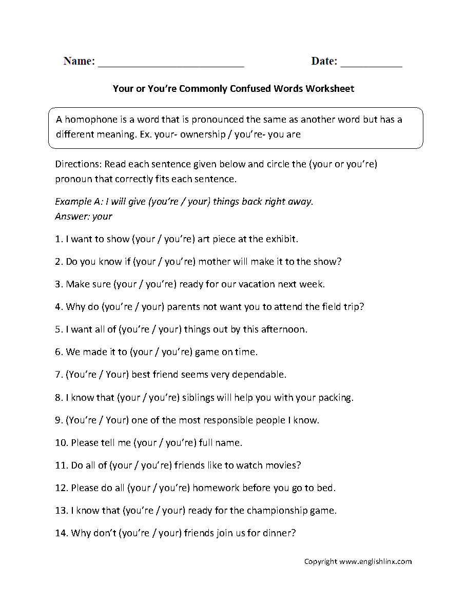 Commonly Confused Words Worksheets | Your and You're Commonly Confused  Words Worksheets