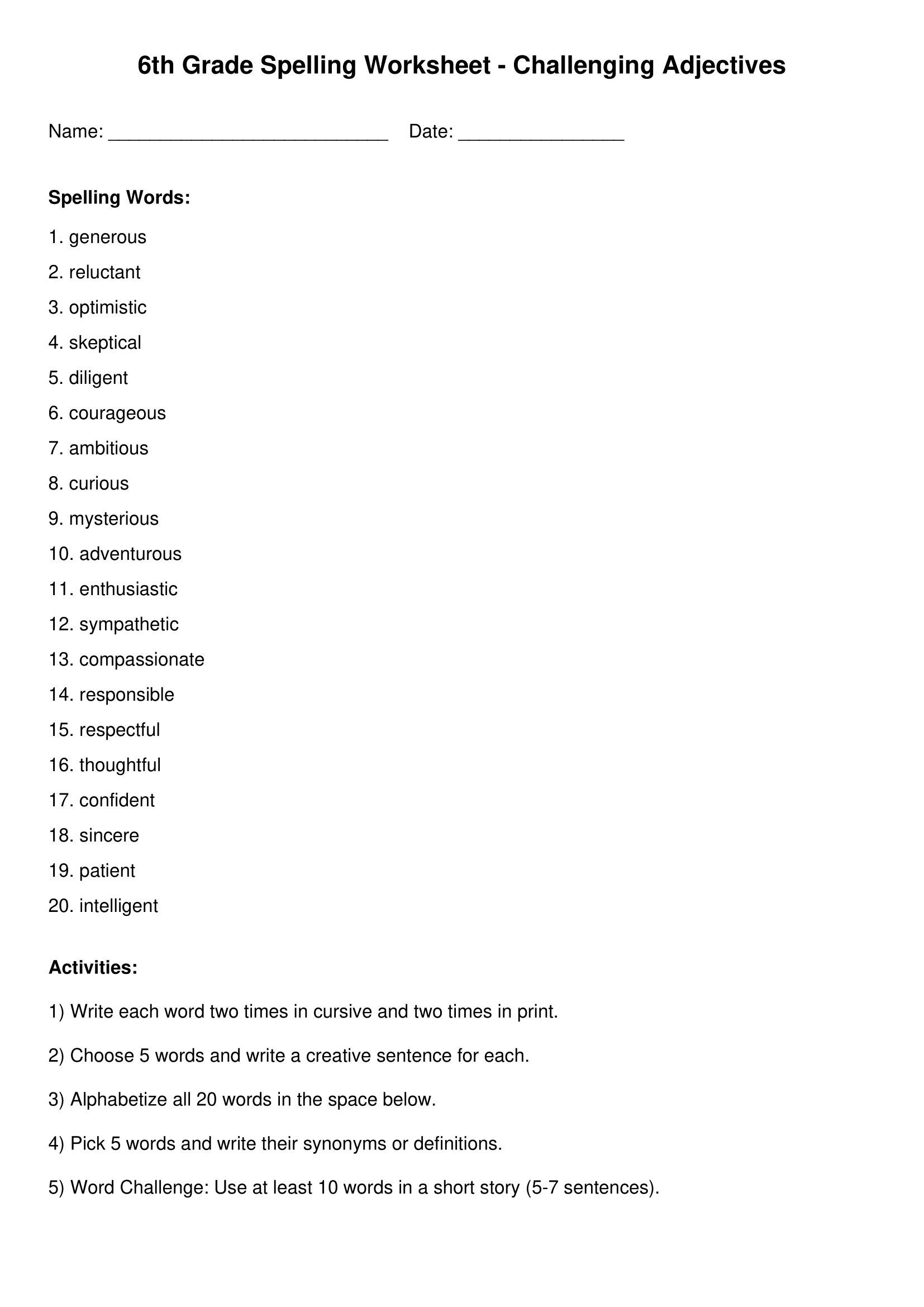 Challenging Adjectives 6th Grade Spelling Worksheets
