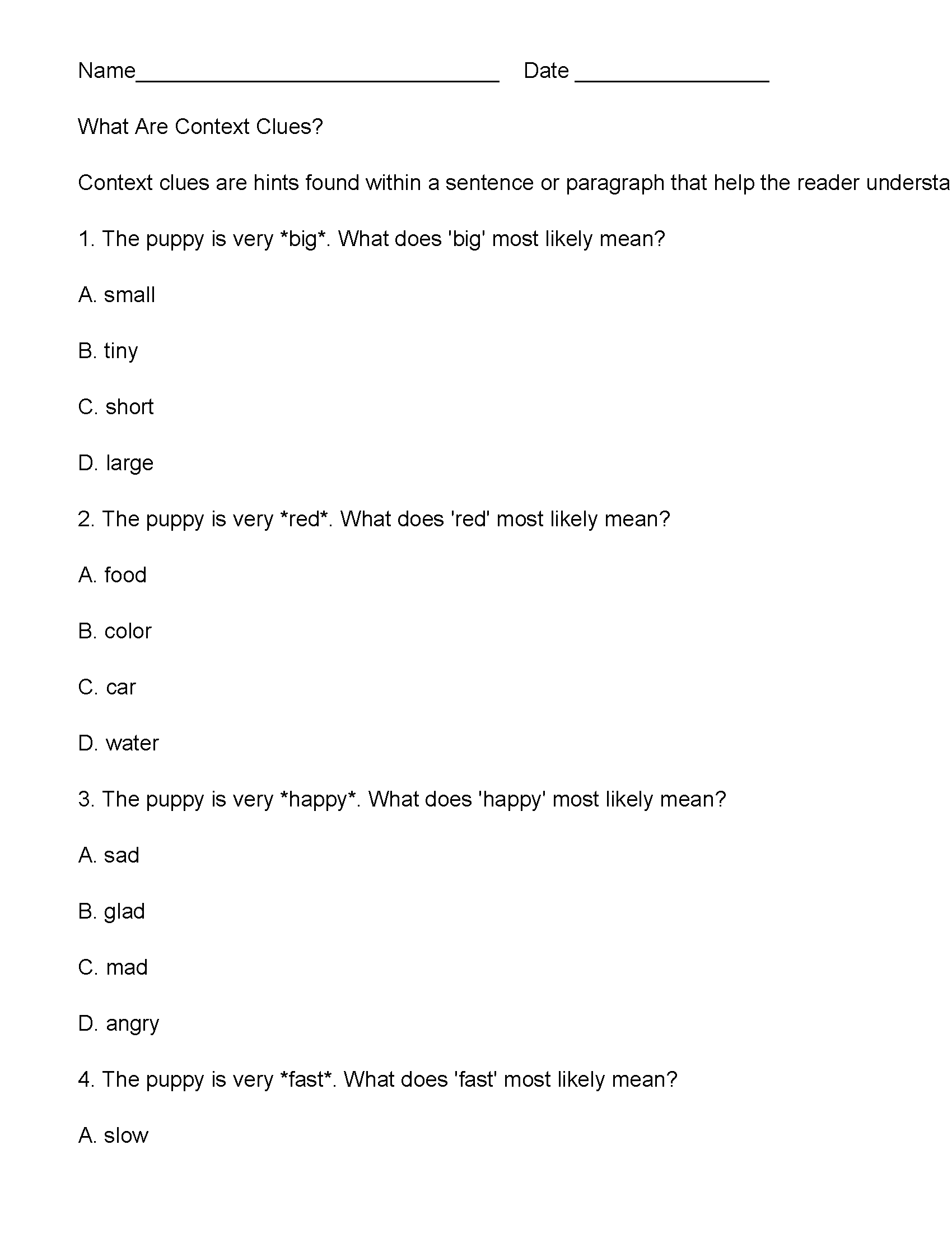 First Grade Context Clues Worksheets