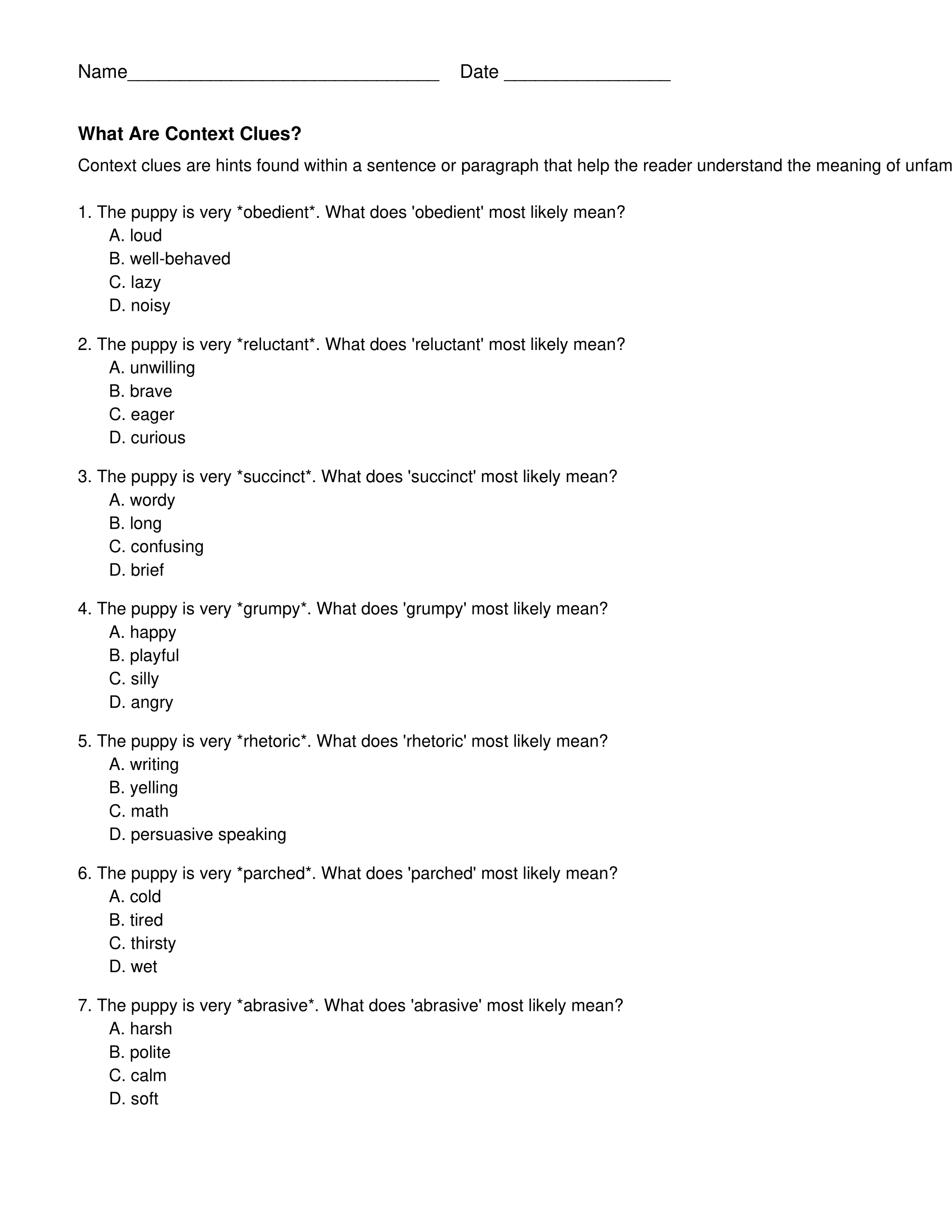 Tenth Grade Context Clues Worksheets