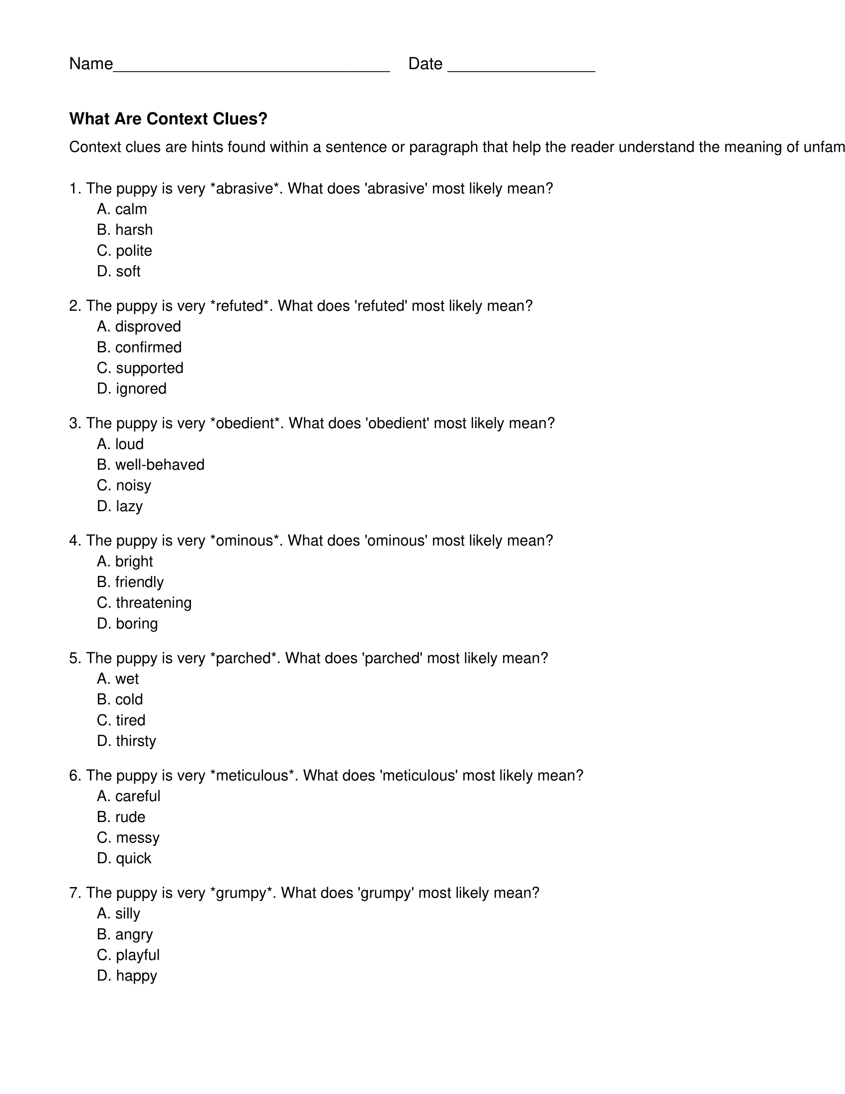 Eleventh Grade Context Clues Worksheets