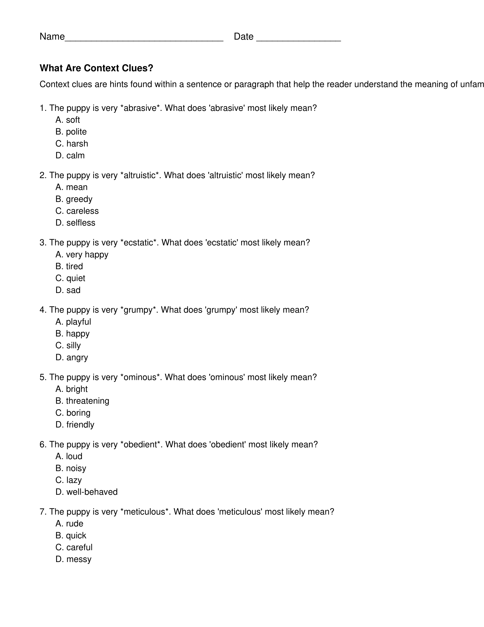 Twelfth Grade Context Clues Worksheets
