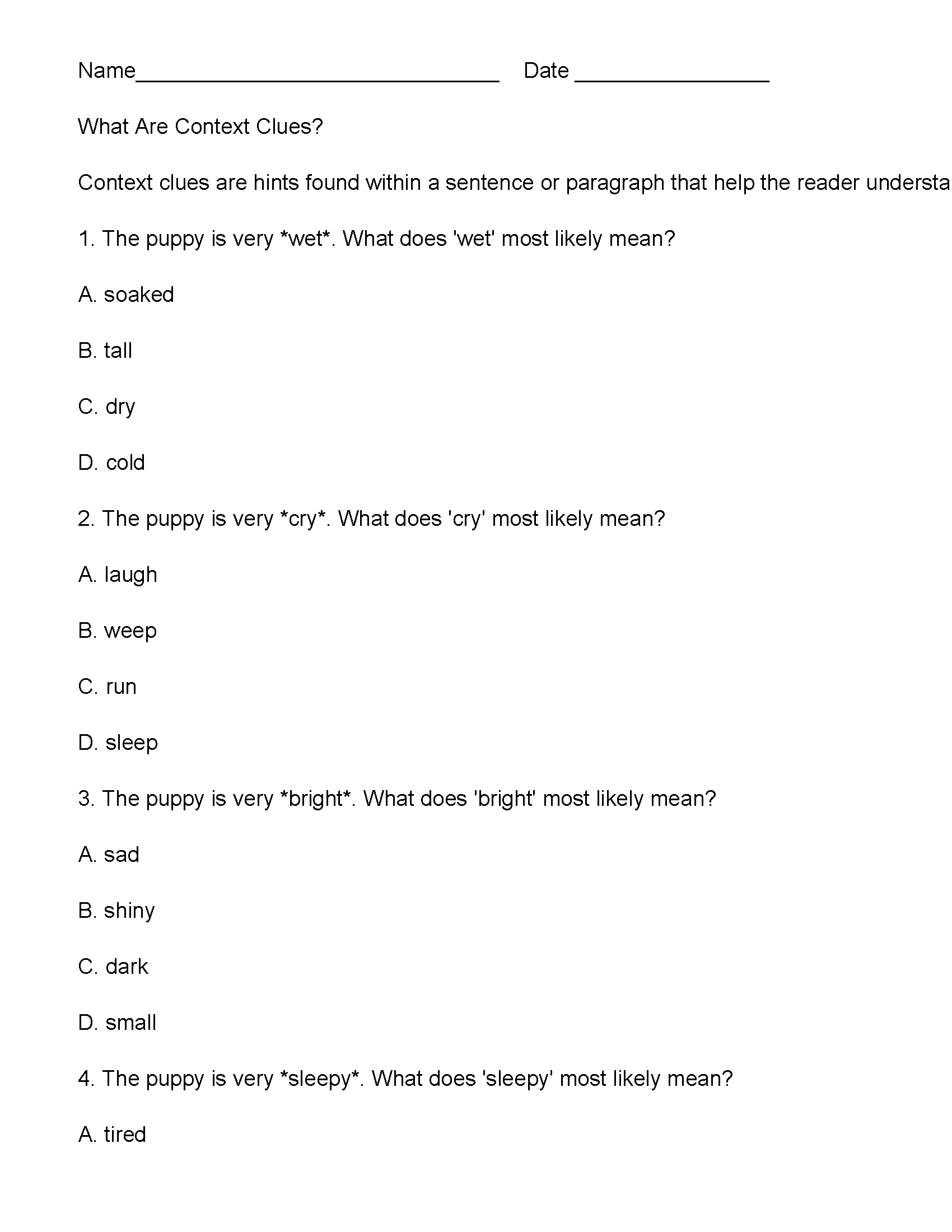 Second Grade Context Clues Worksheets