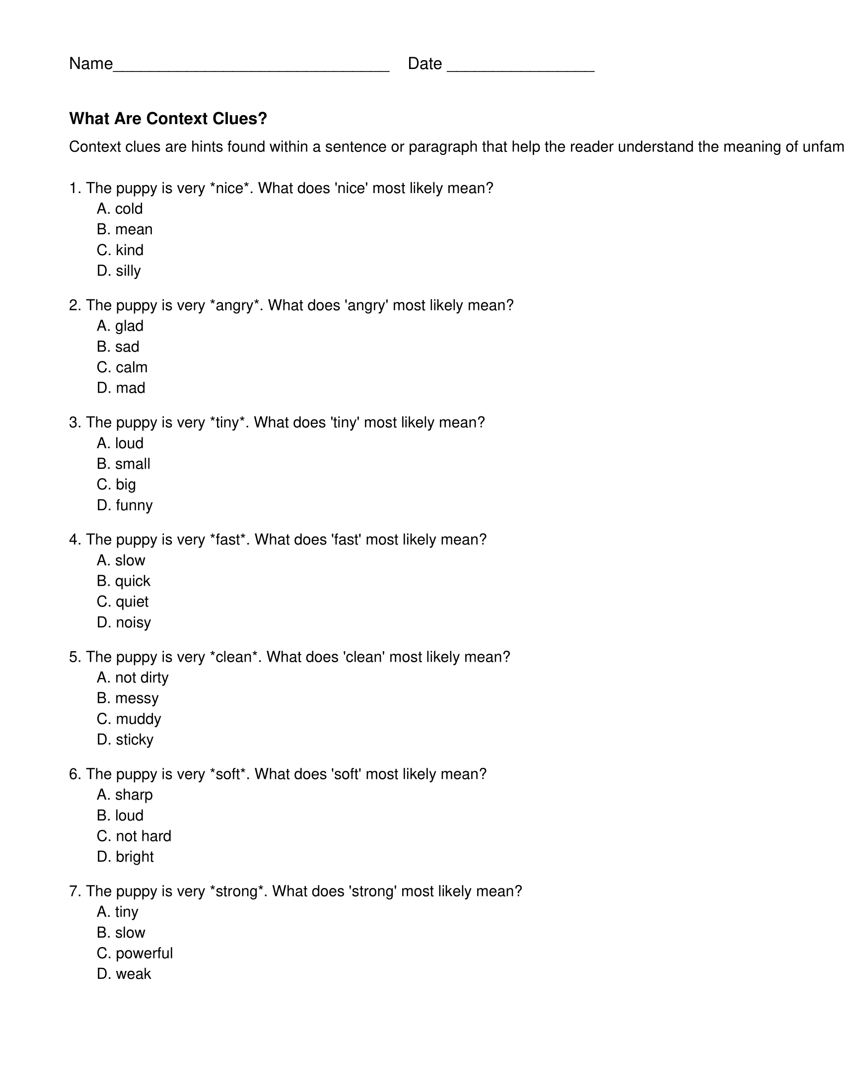 Third Grade Context Clues Worksheets