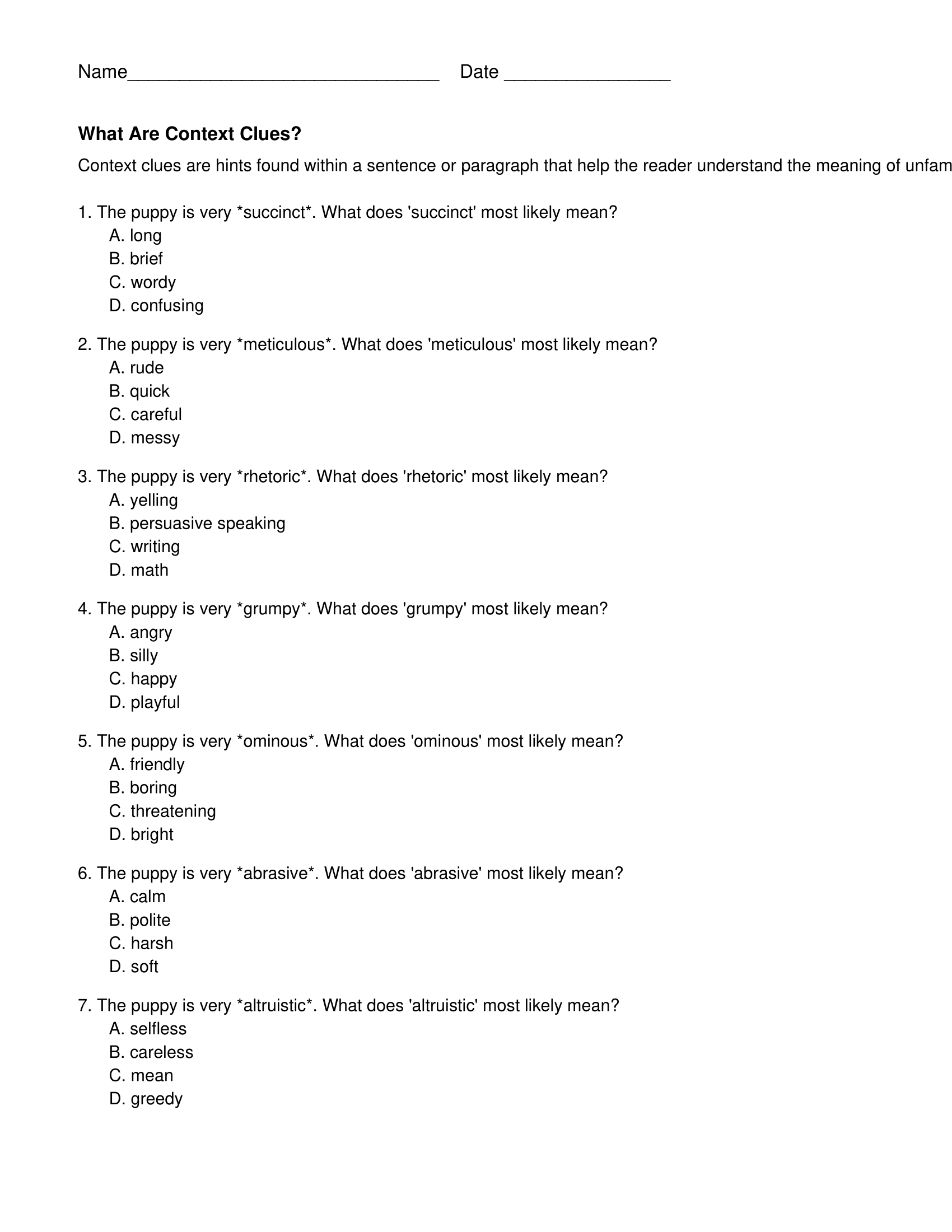 Fourth Grade Context Clues Worksheets
