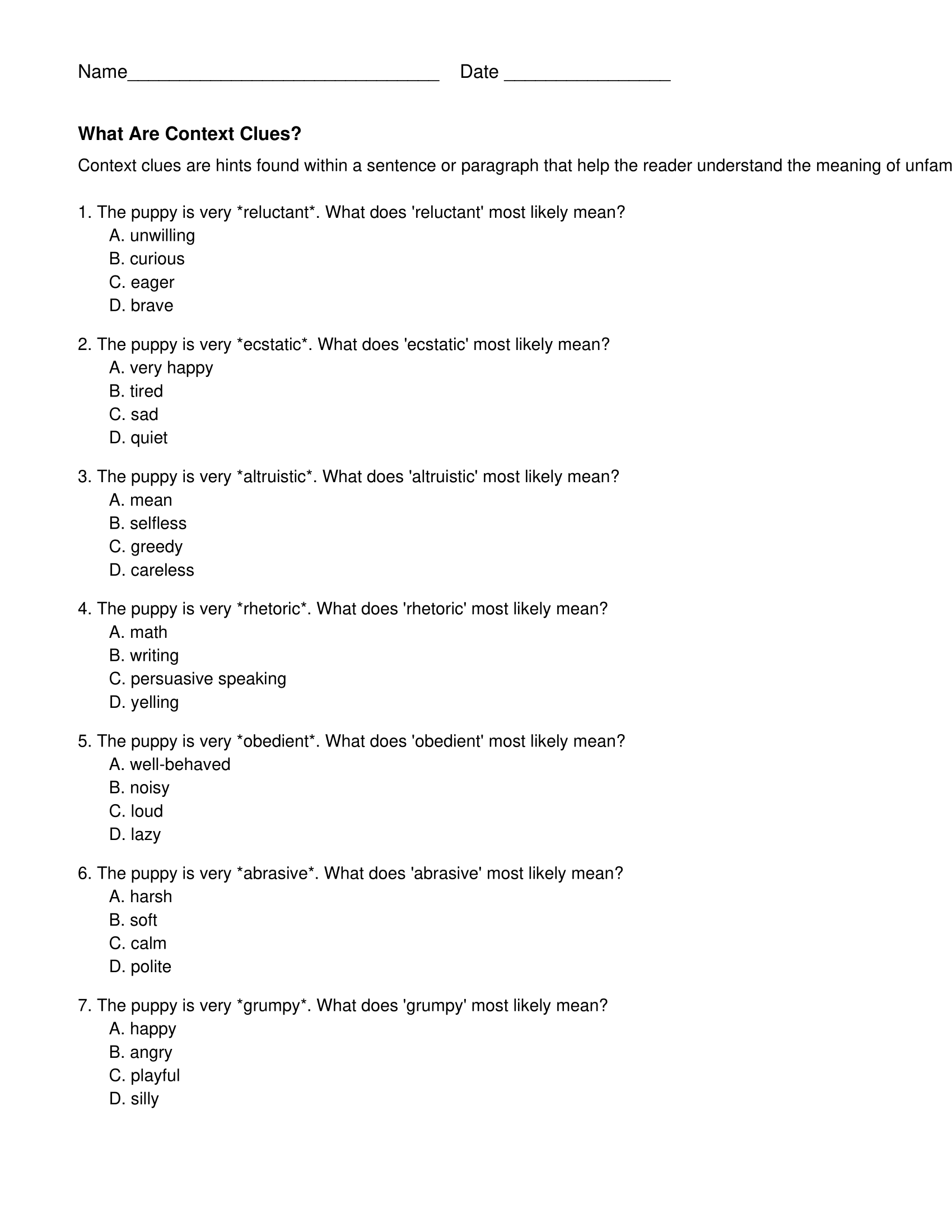 Fourth Grade Context Clues Worksheets