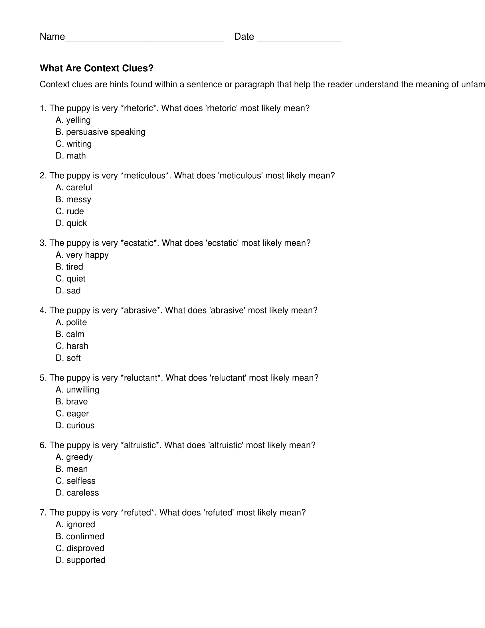 Sixth Grade Context Clues Worksheets