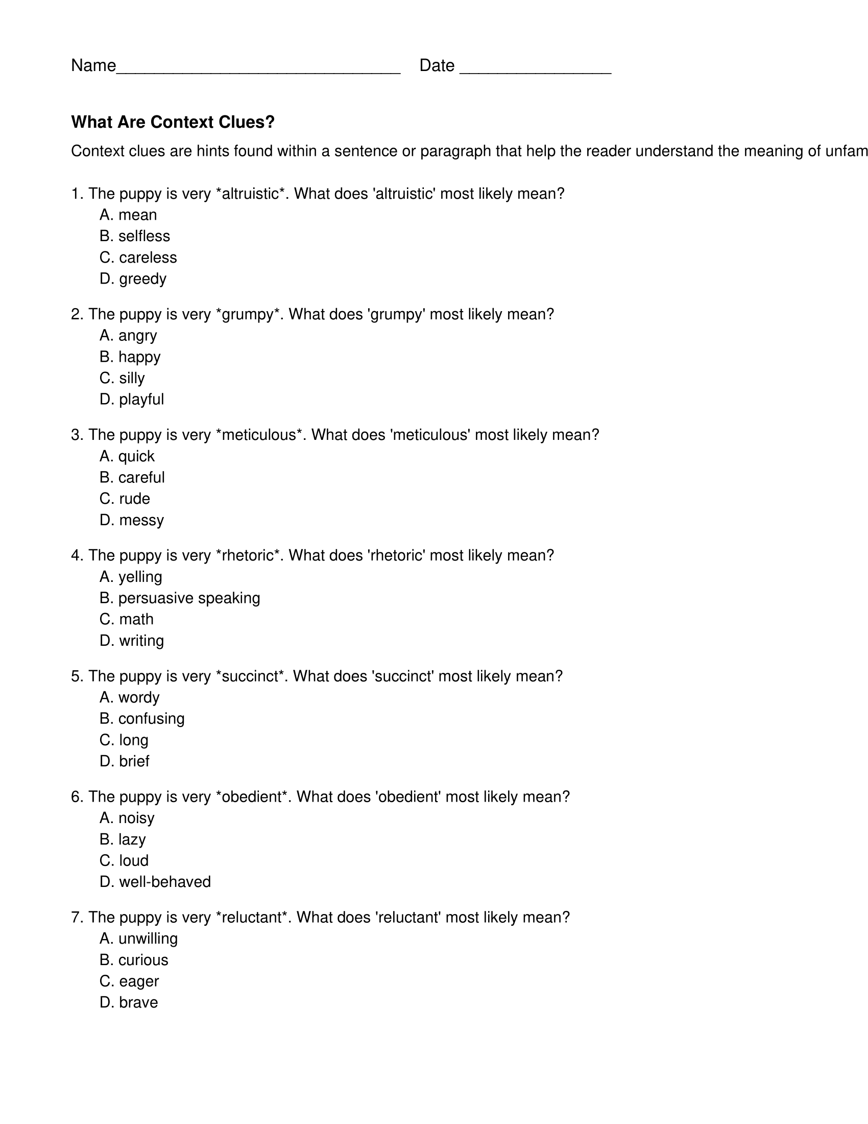 Seventh Grade Context Clues Worksheets