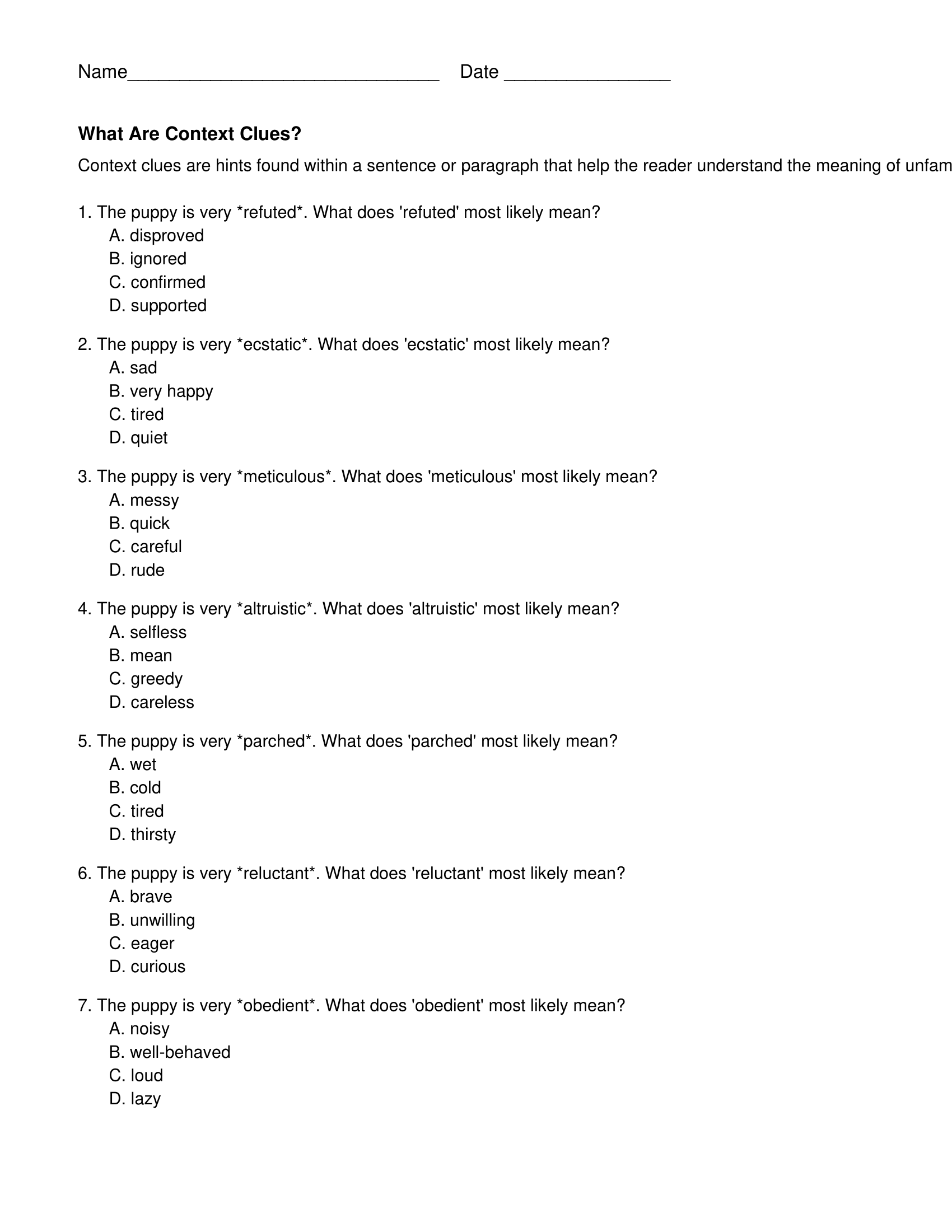 Eighth Grade Context Clues Worksheets
