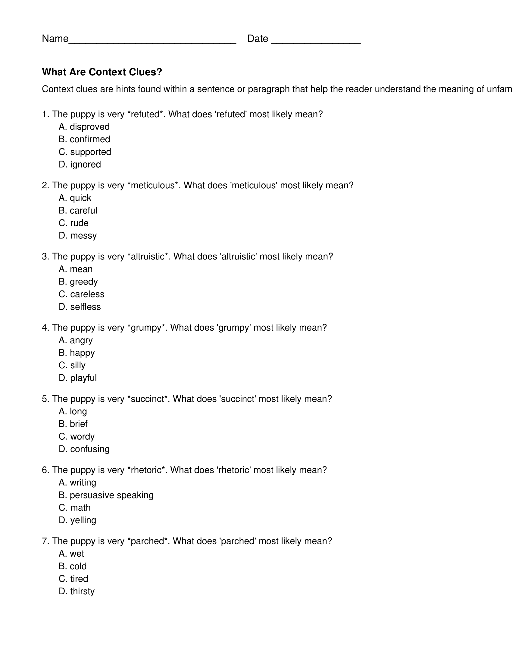 Ninth Grade Context Clues Worksheets