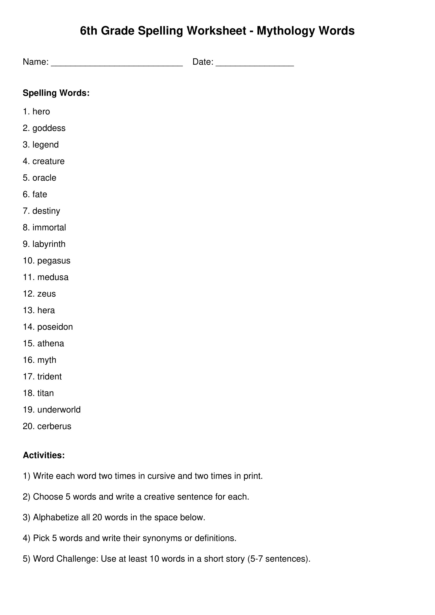 Mythology Words 6th Grade Spelling Worksheets
