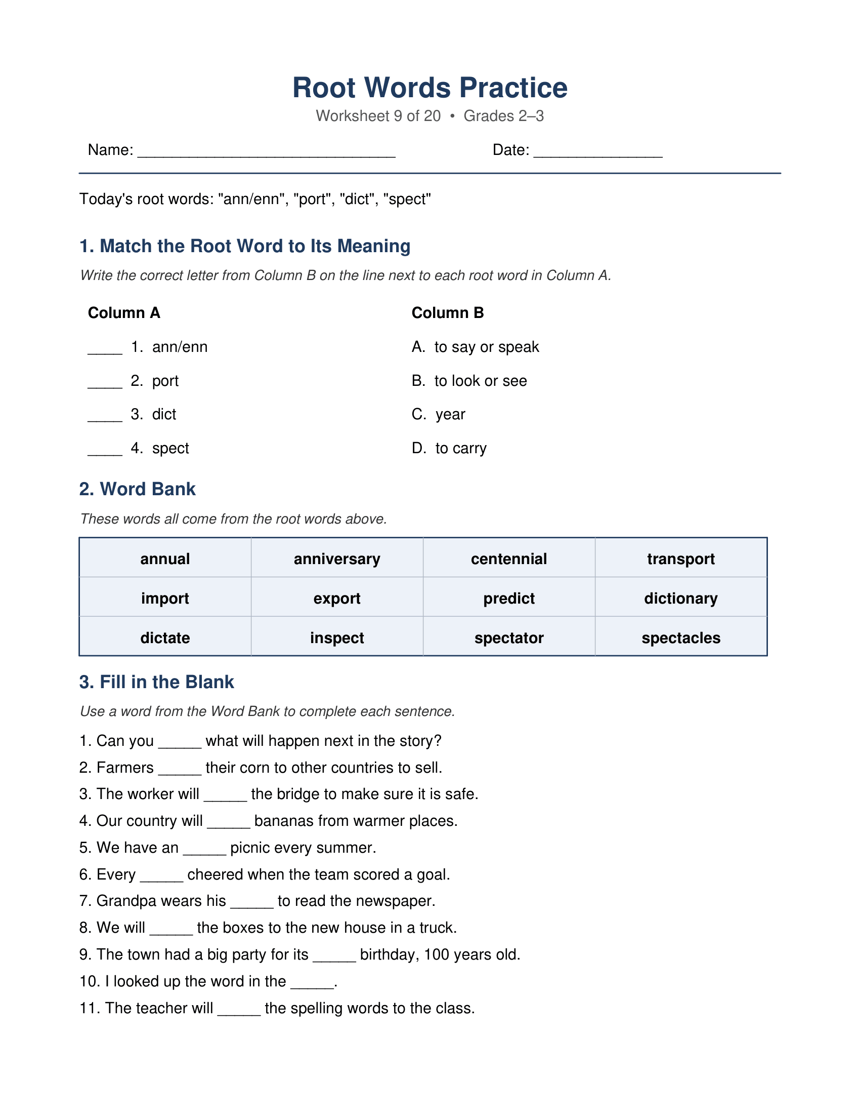 ann port spect Root Words Worksheets