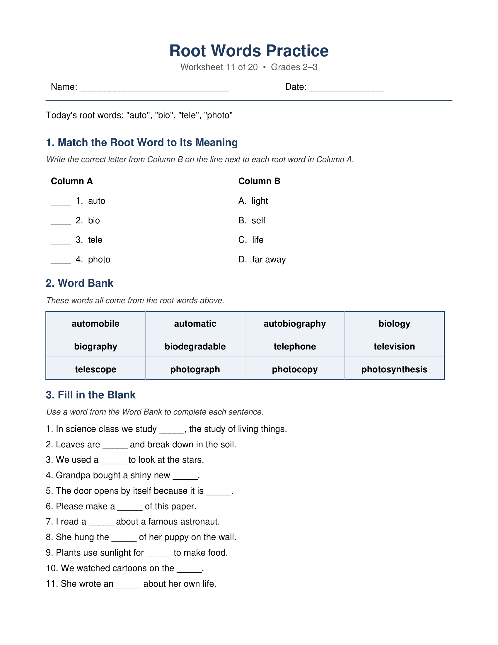 auto bio tele photo Root Words Worksheets