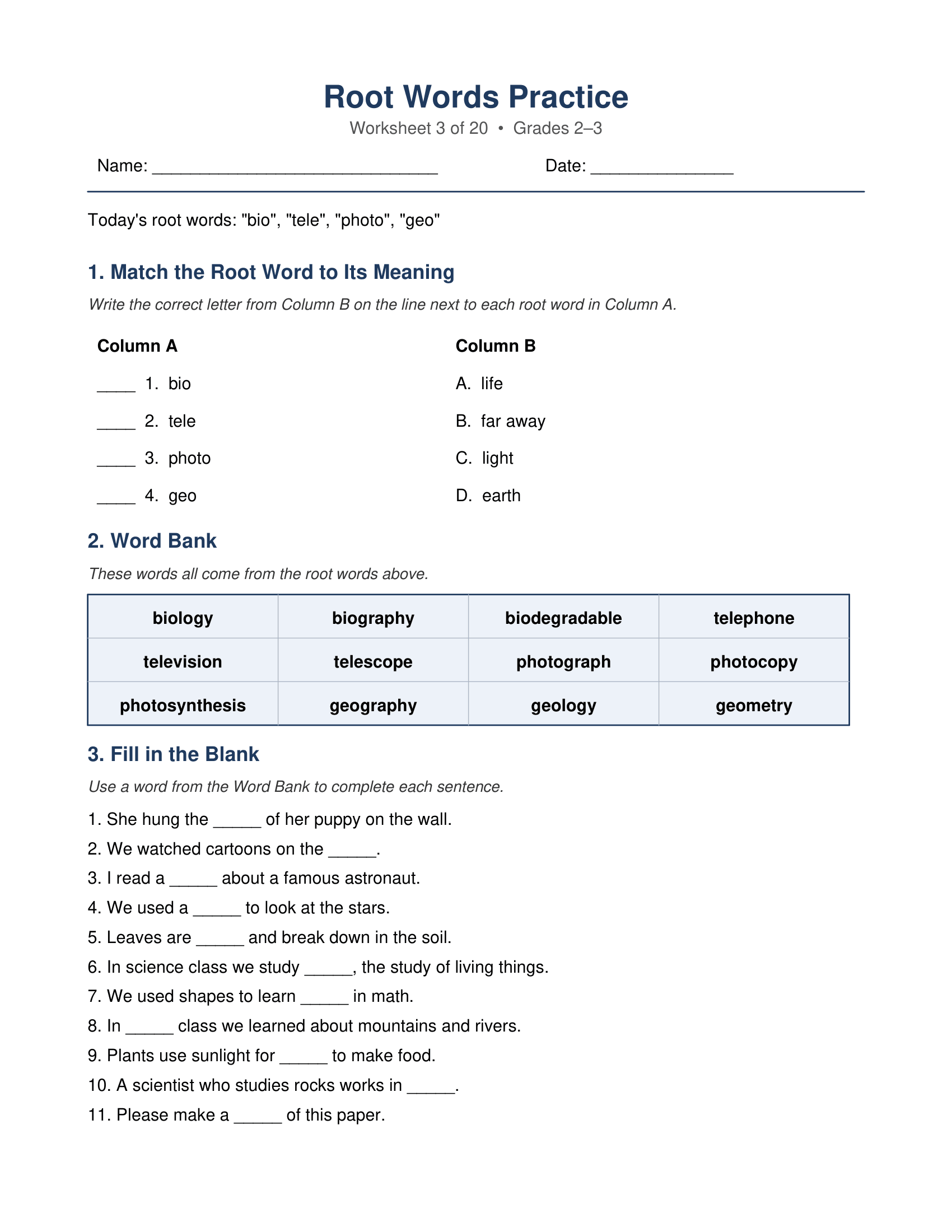 bio tele photo geo Root Words Worksheets