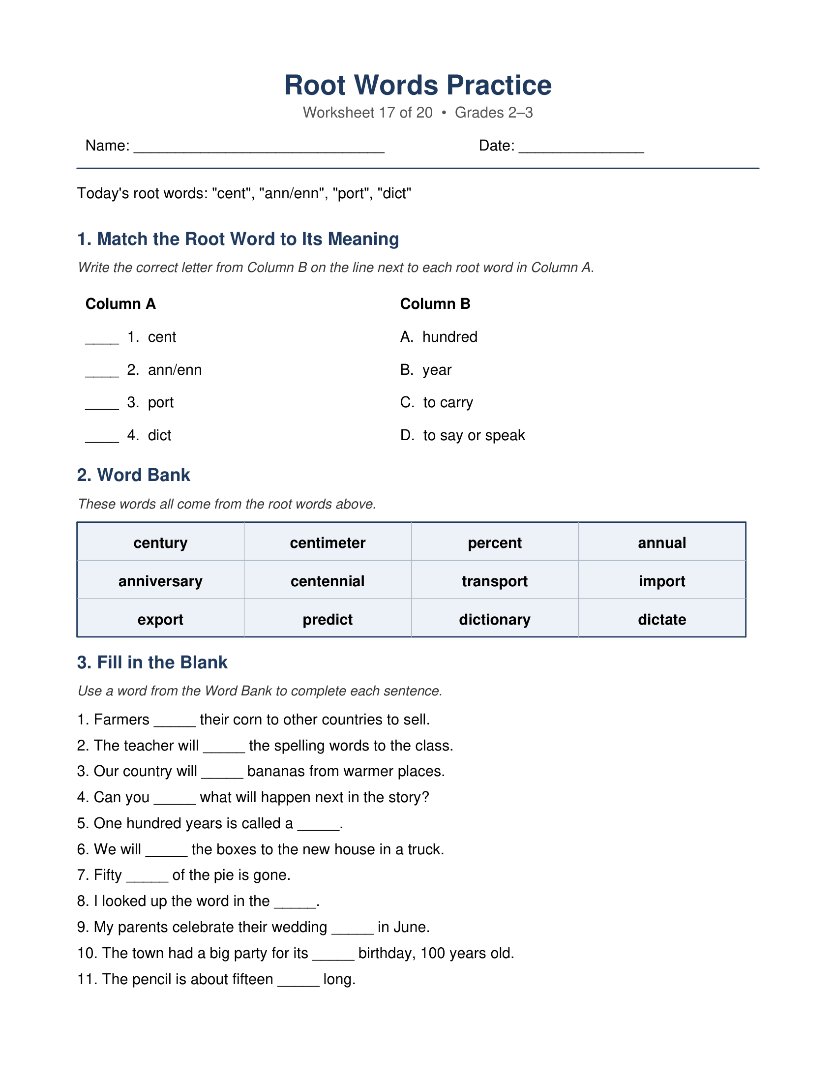 cent ann port dict Root Words Worksheets