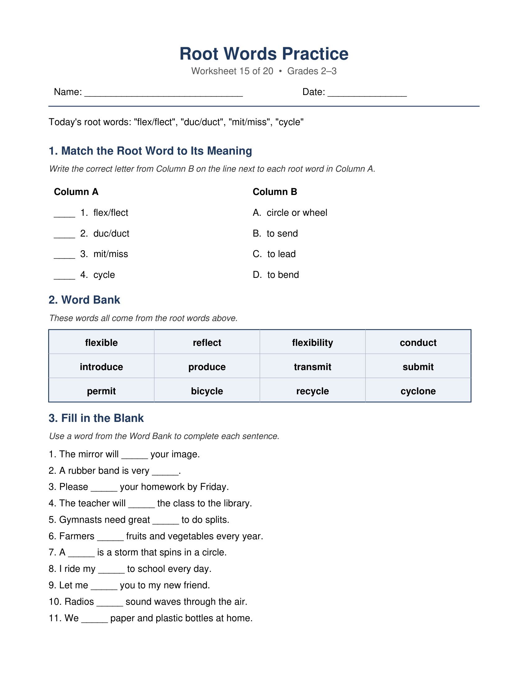 flex duc mit cycle Root Words Worksheets
