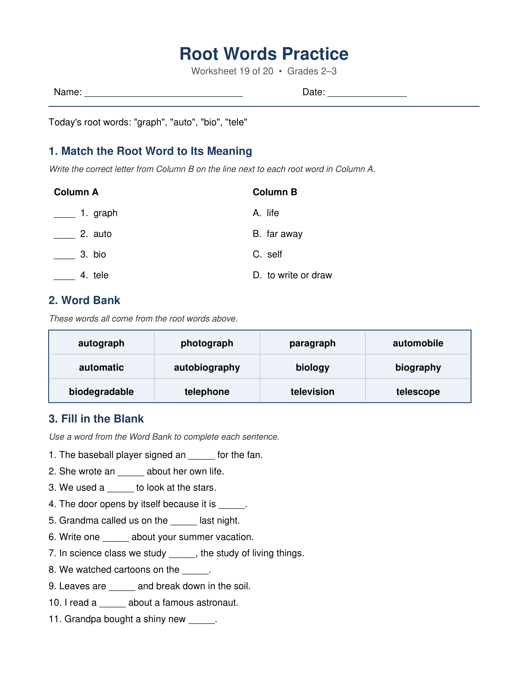 graph auto bio tele Root Words Worksheets