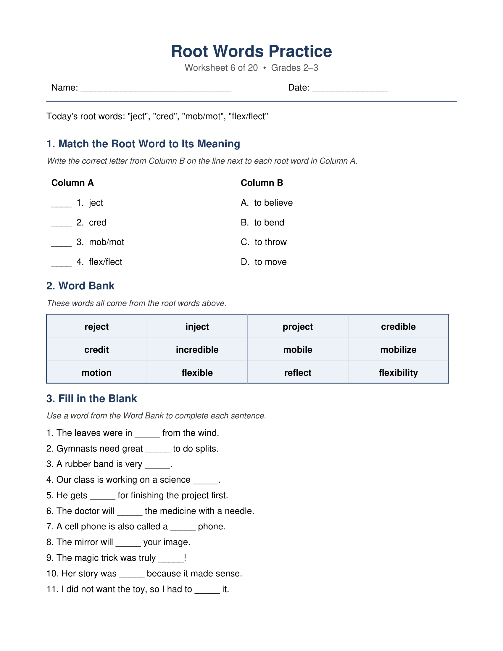 ject cred mob flex Root Words Worksheets