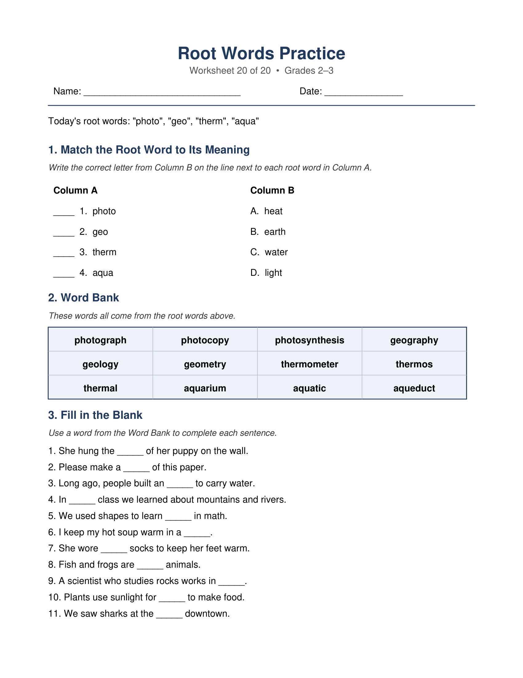 photo geo therm aqua Root Words Worksheets
