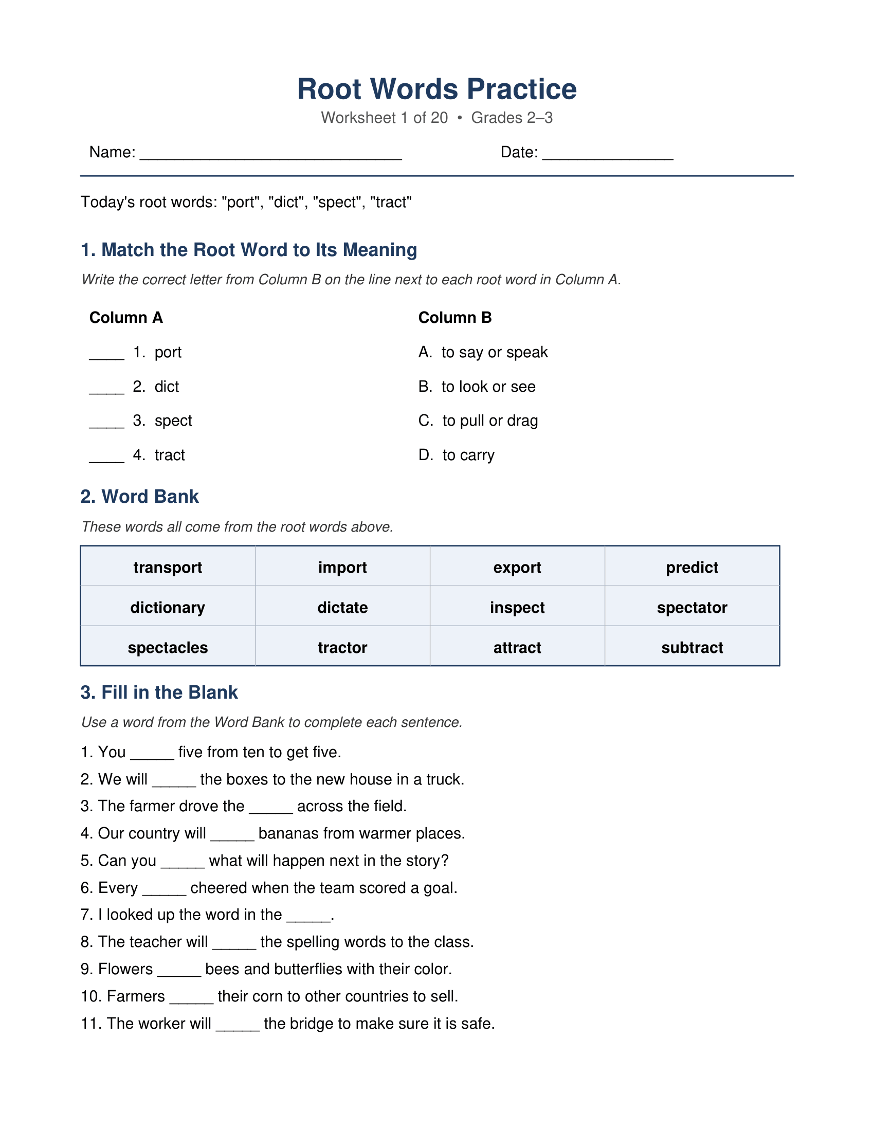 port dict spect tract Root Words Worksheets