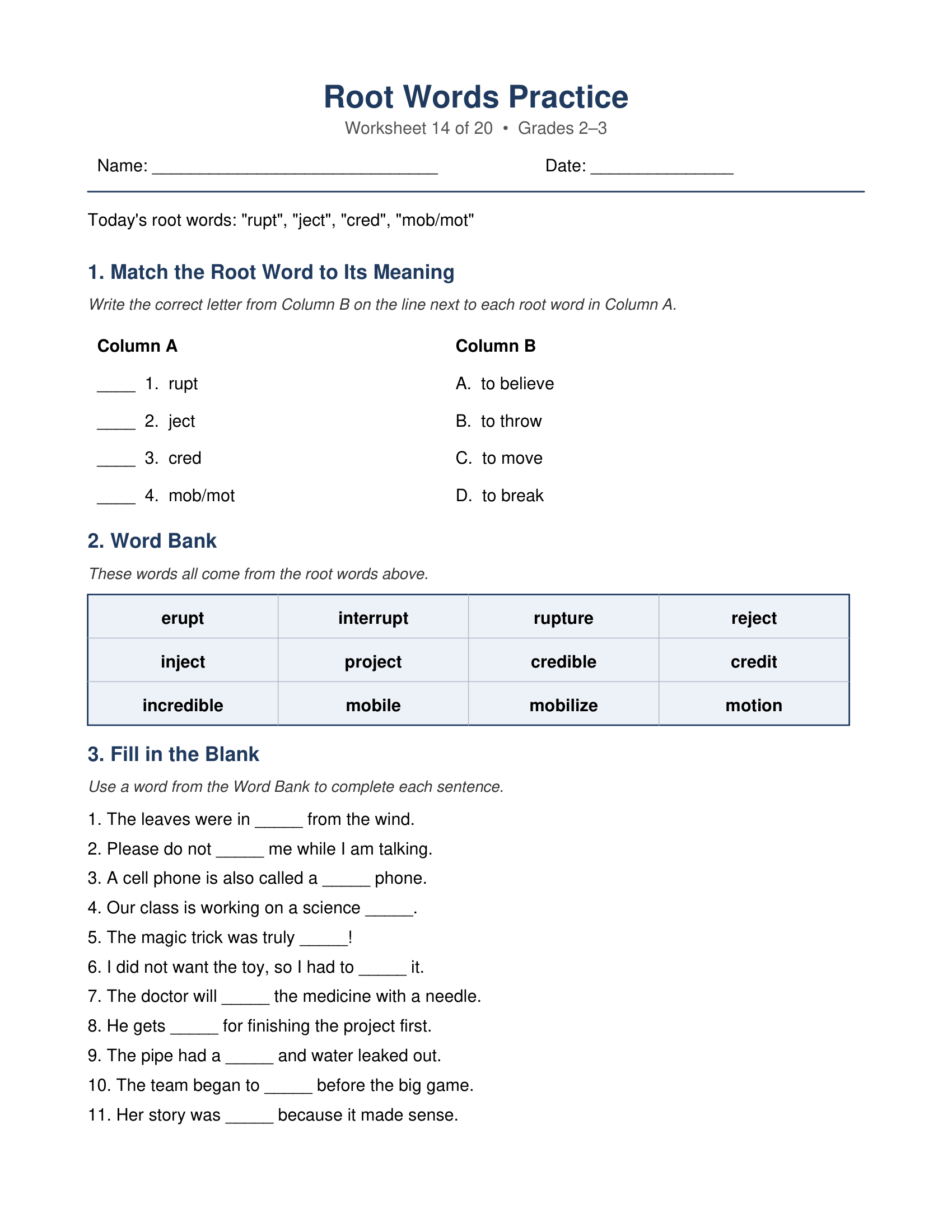 rupt ject cred mob Root Words Worksheets