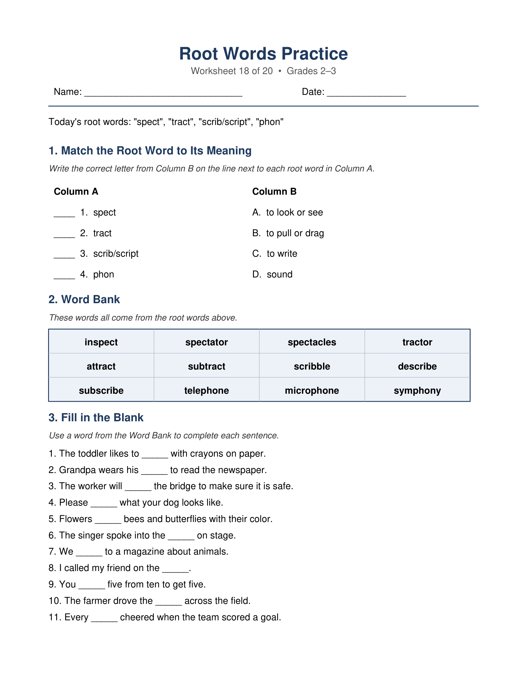 spect tract scrib phon Root Words Worksheets