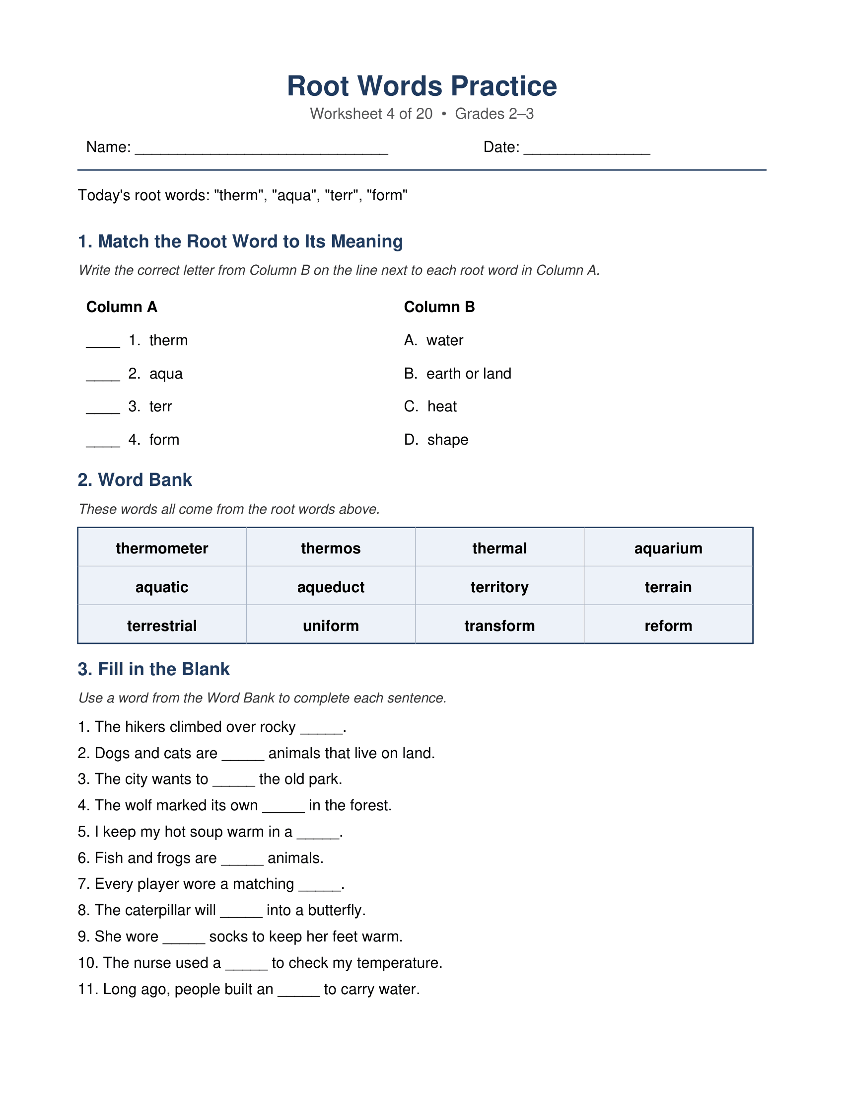 therm aqua terr form Root Words Worksheets