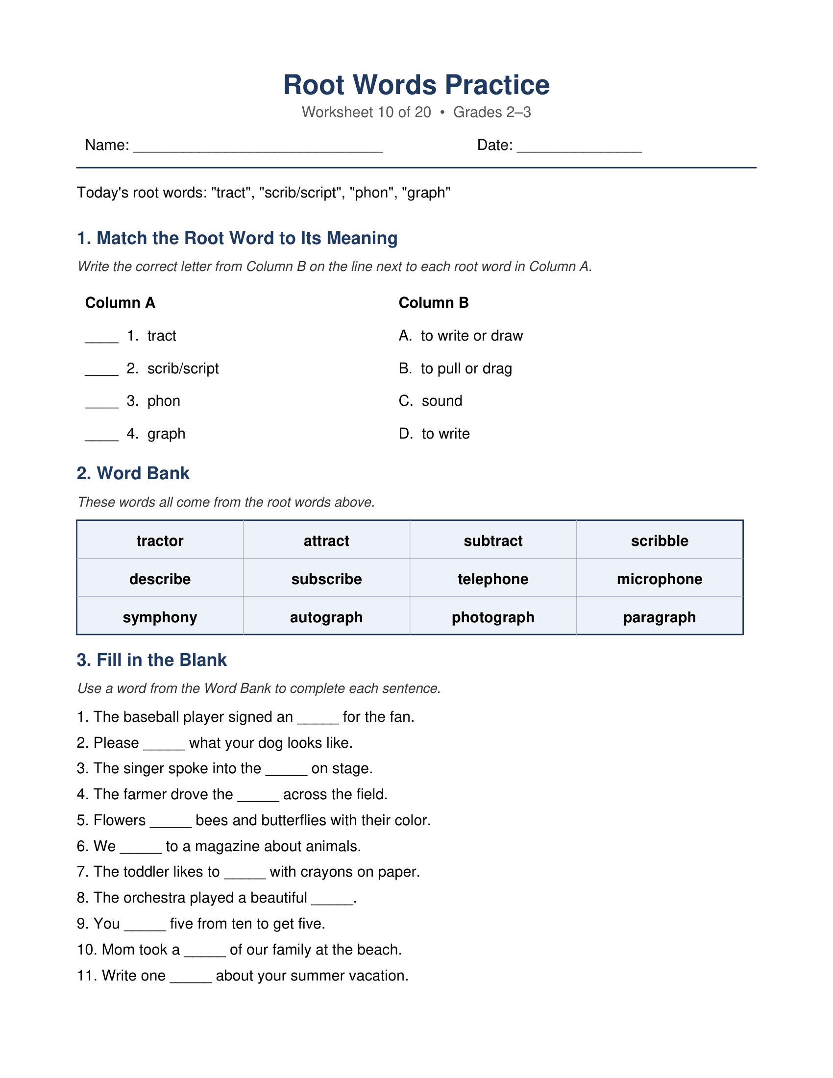 tract scrib phon Root Words Worksheets