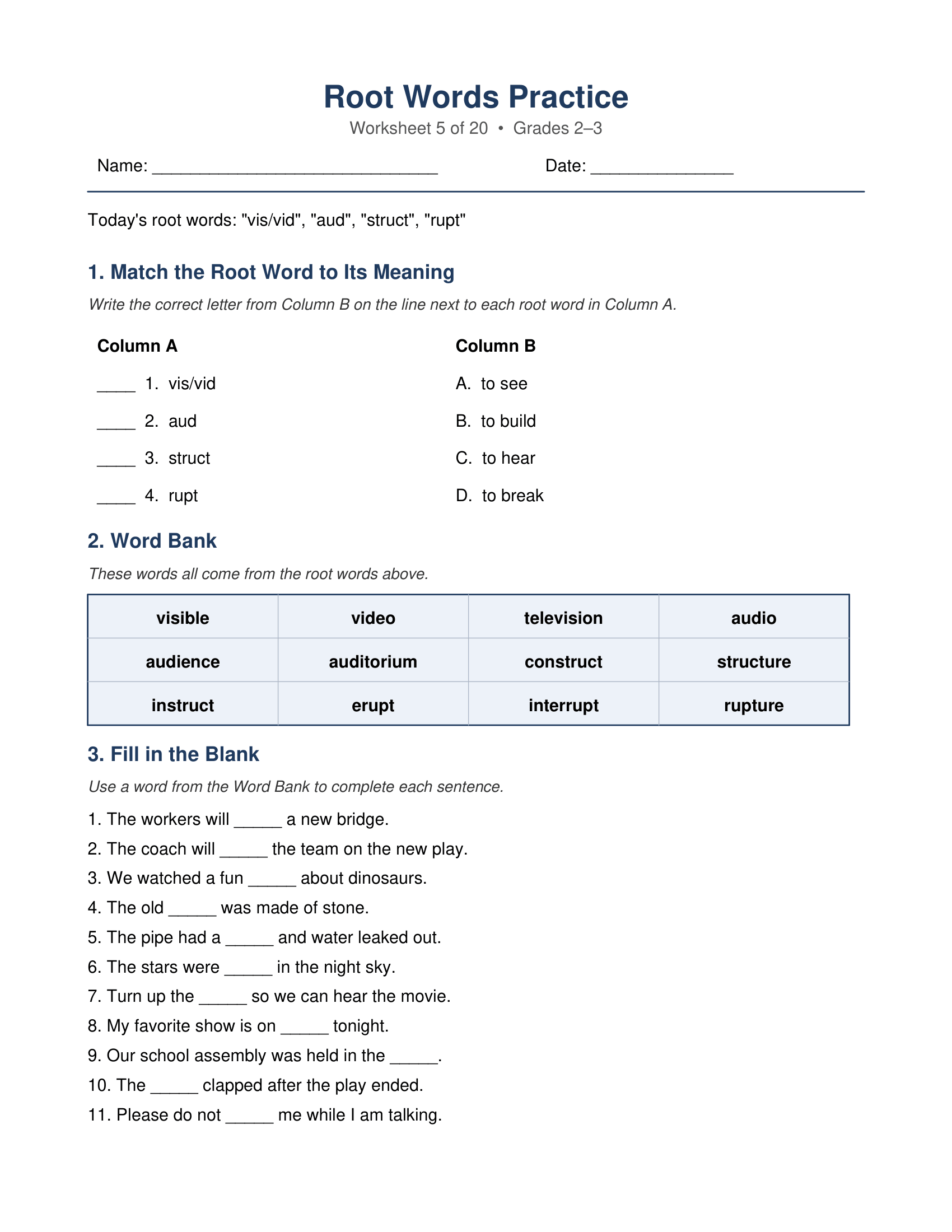 vis aud struct rupt Root Words Worksheets