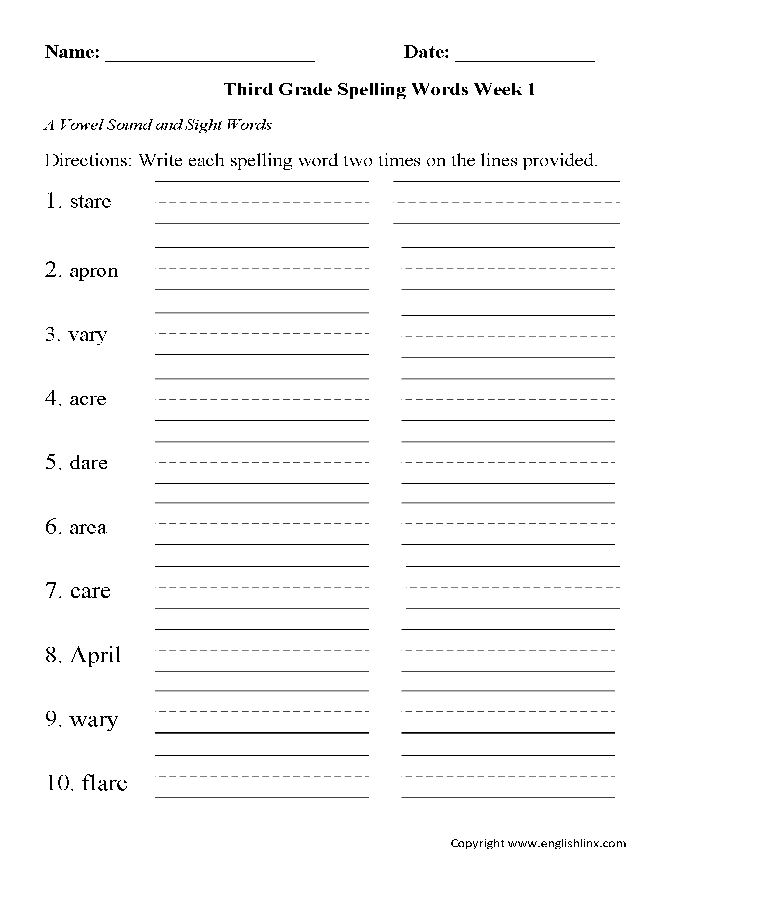 Week 1 A Vowel Third Grade Spelling Worksheets