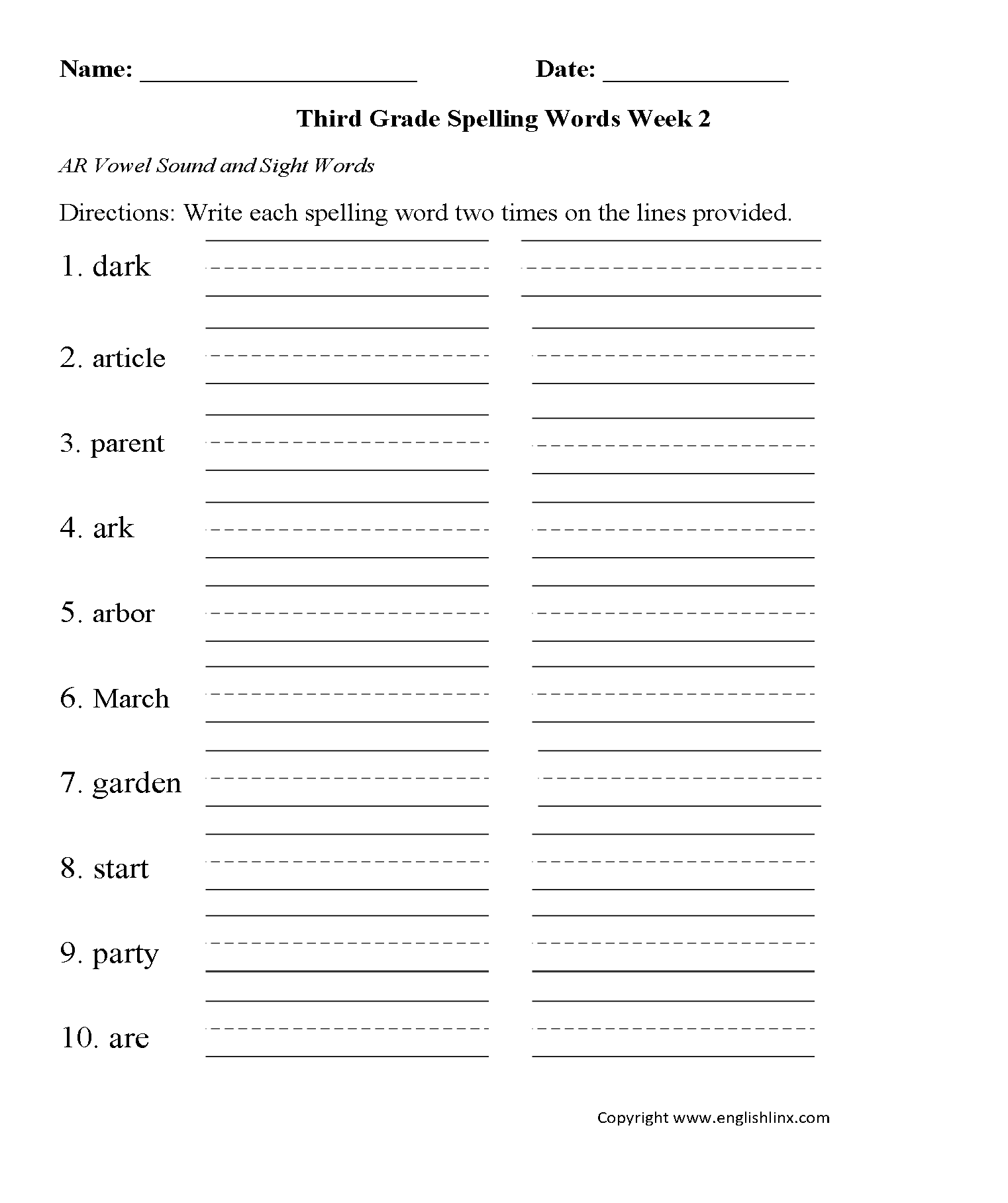 Week 2 AR Vowel Third Grade Spelling Worksheets