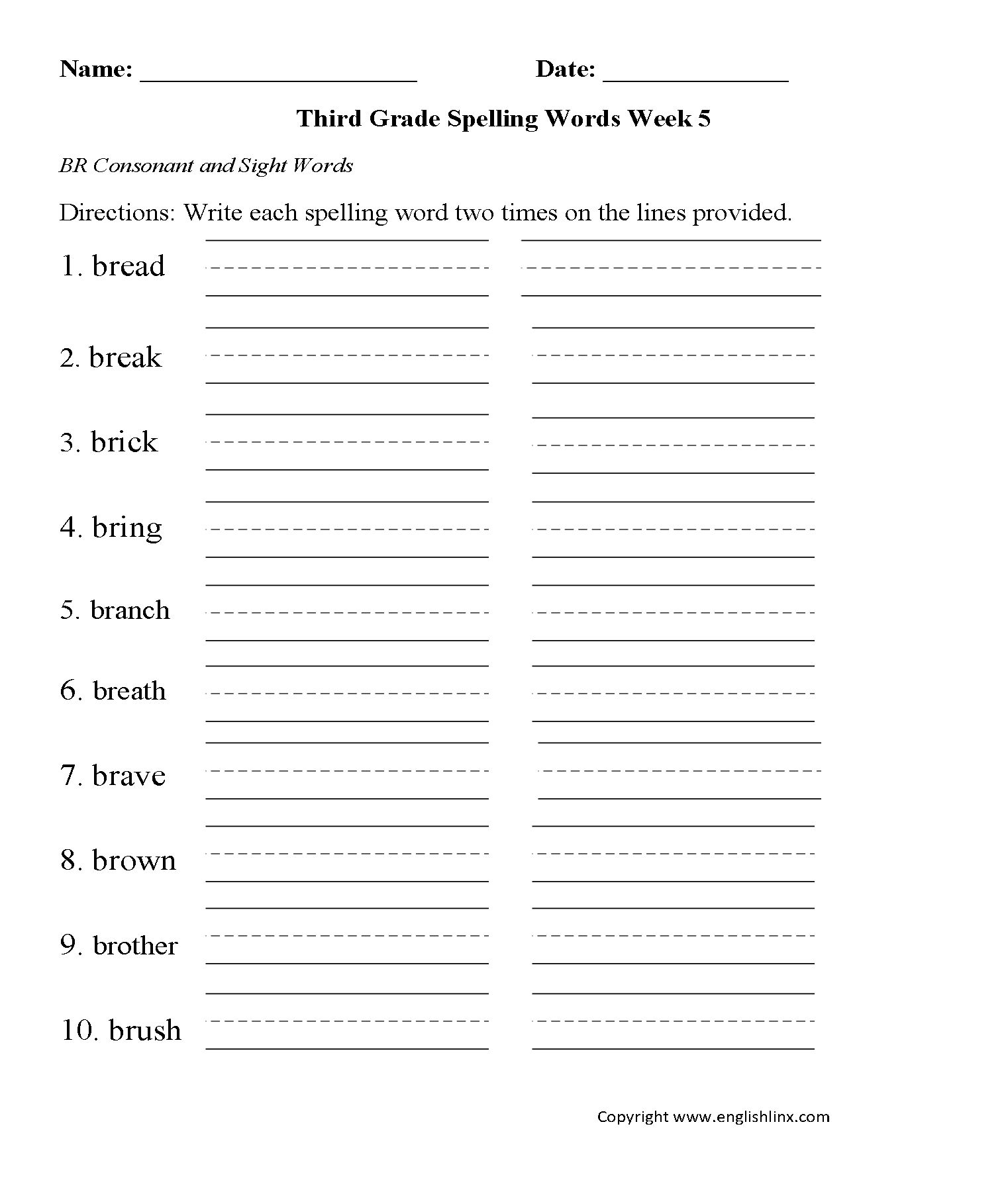Week 5 BR Consonant Third Grade Spelling Worksheets