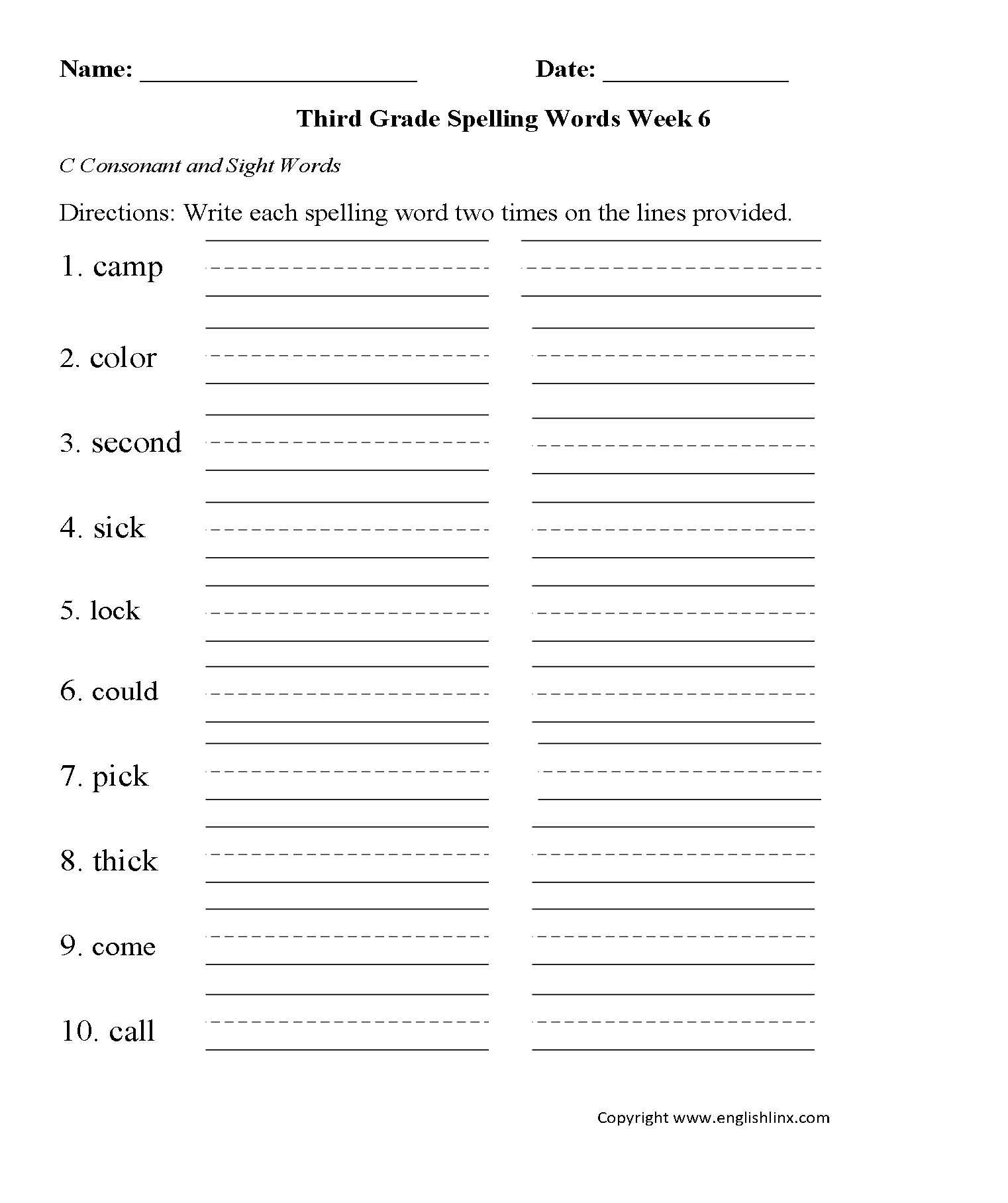Week 6 C Consonant Third Grade Spelling Worksheets
