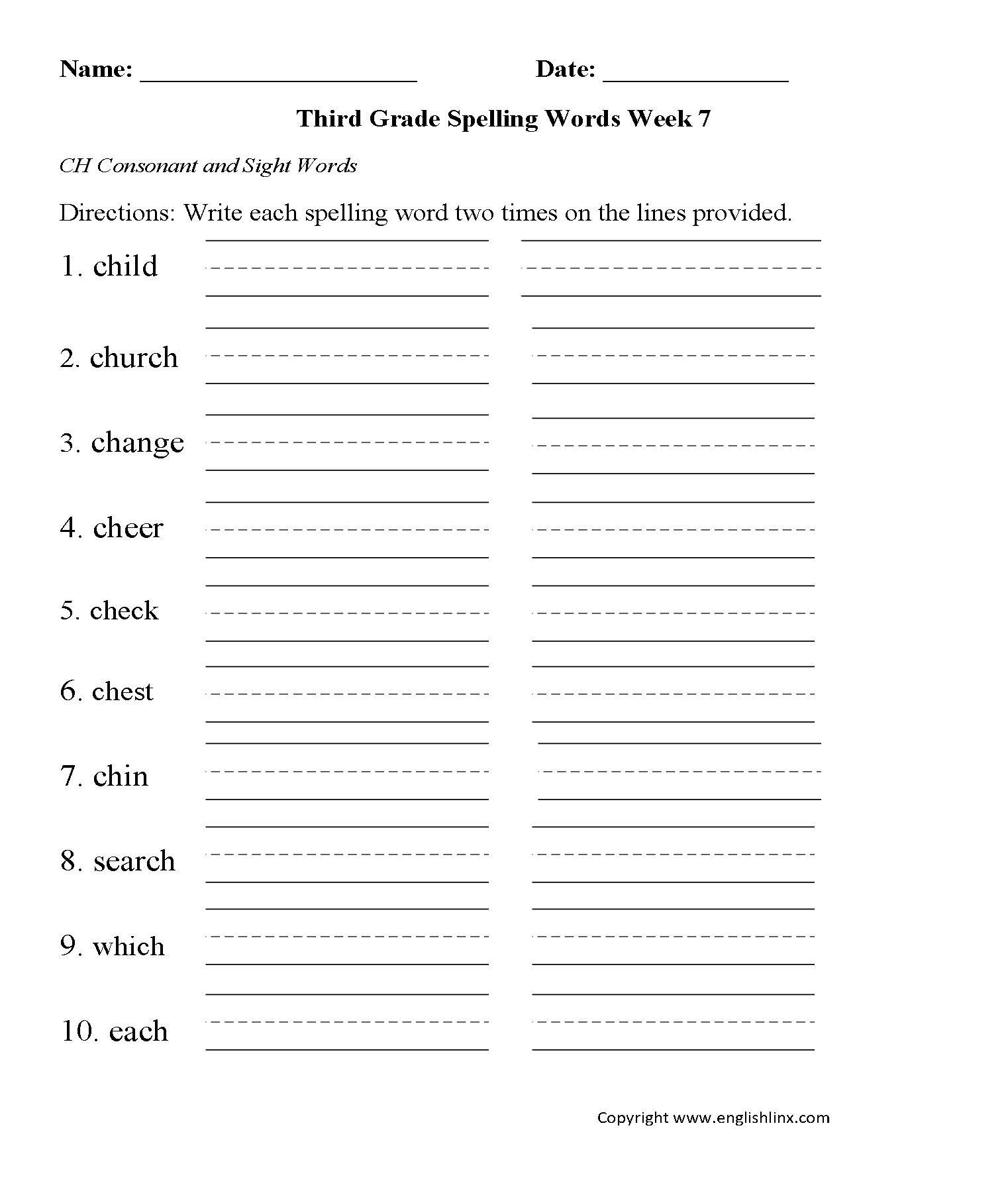 Week 7 CH Consonant Third Grade Spelling Worksheets