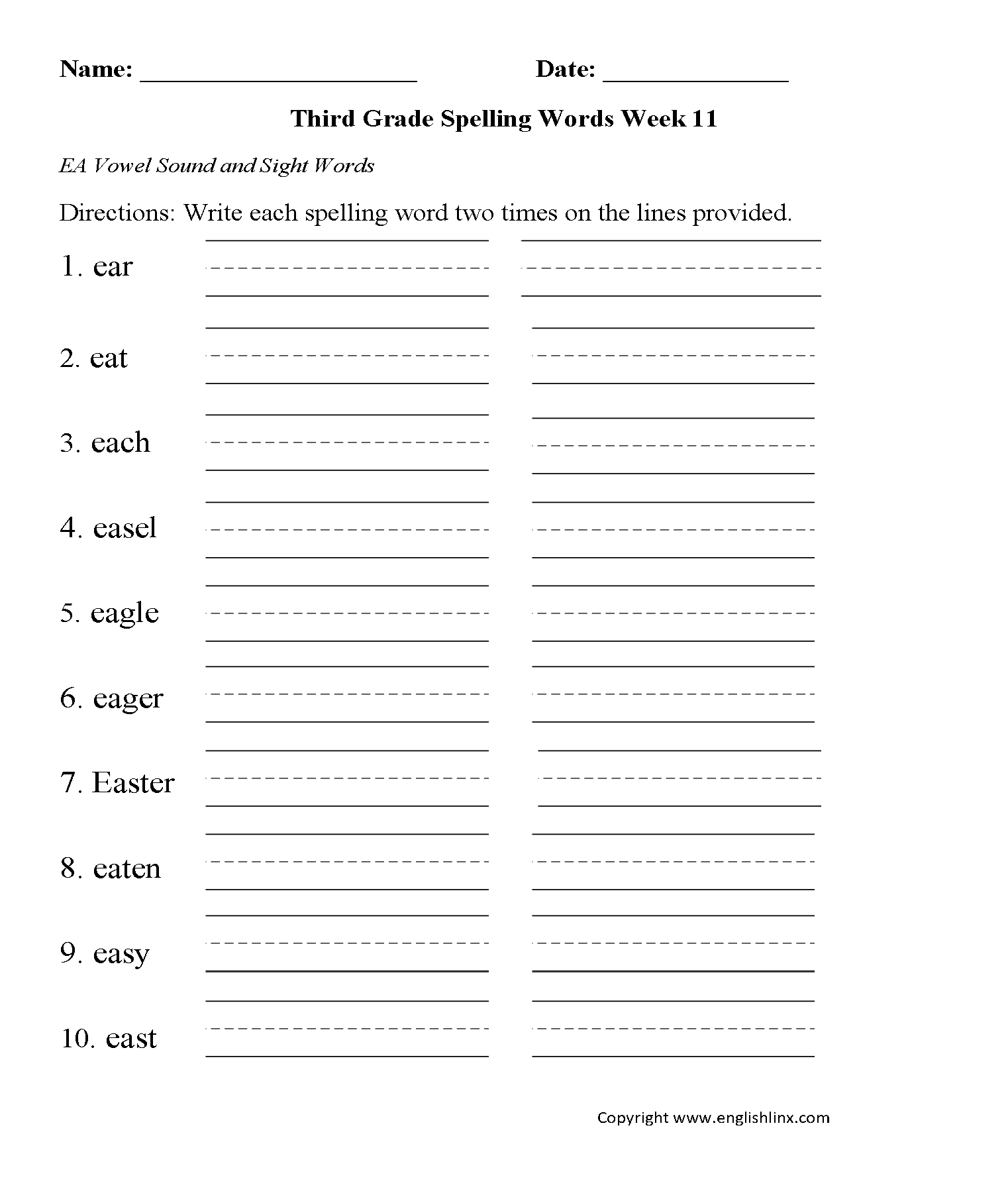 Week 11 EA Vowel Third Grade Spelling Worksheets