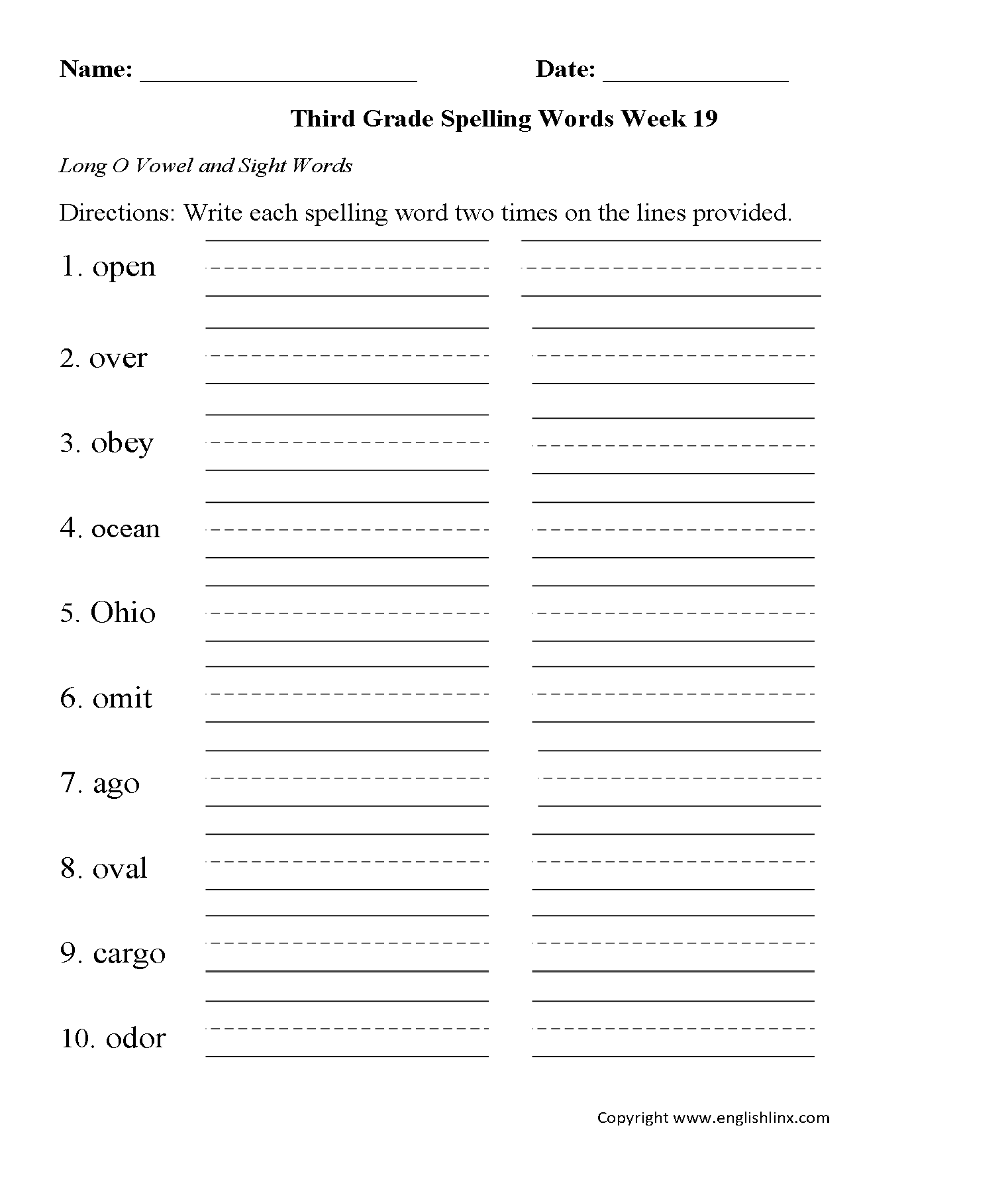 Week 19 Long O Vowel Third Grade Spelling Worksheets