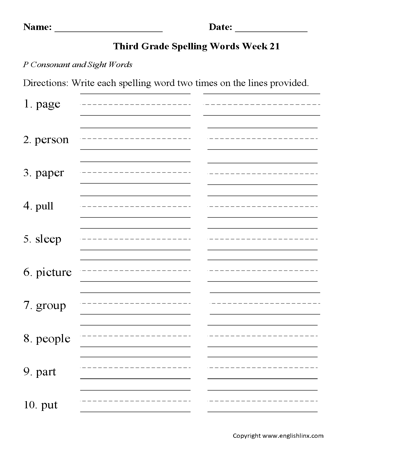 Week 21 P Consonant Third Grade Spelling Worksheets
