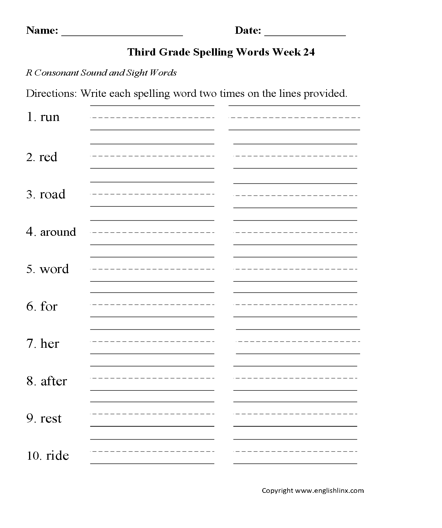 Week 24 R Consonant Third Grade Spelling Worksheets