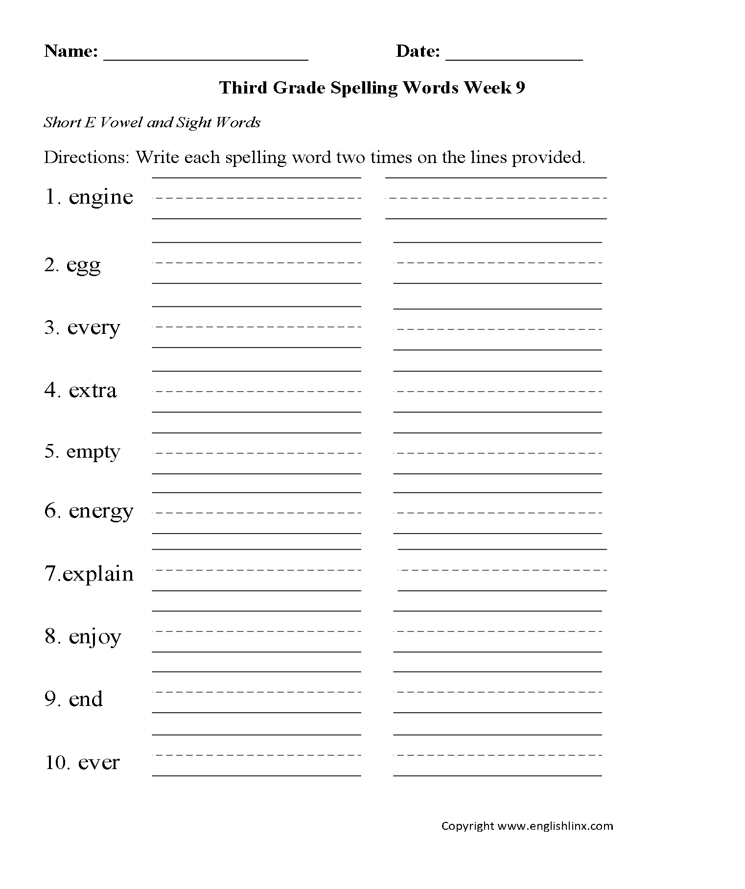 Week 9 Short E Vowel Third Grade Spelling Worksheets