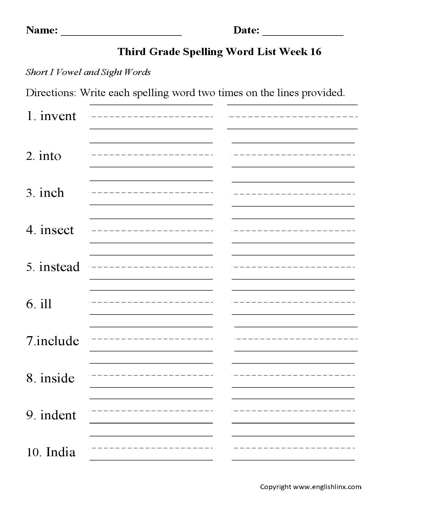 Week 16 Short I Vowel Third Grade Spelling Worksheets