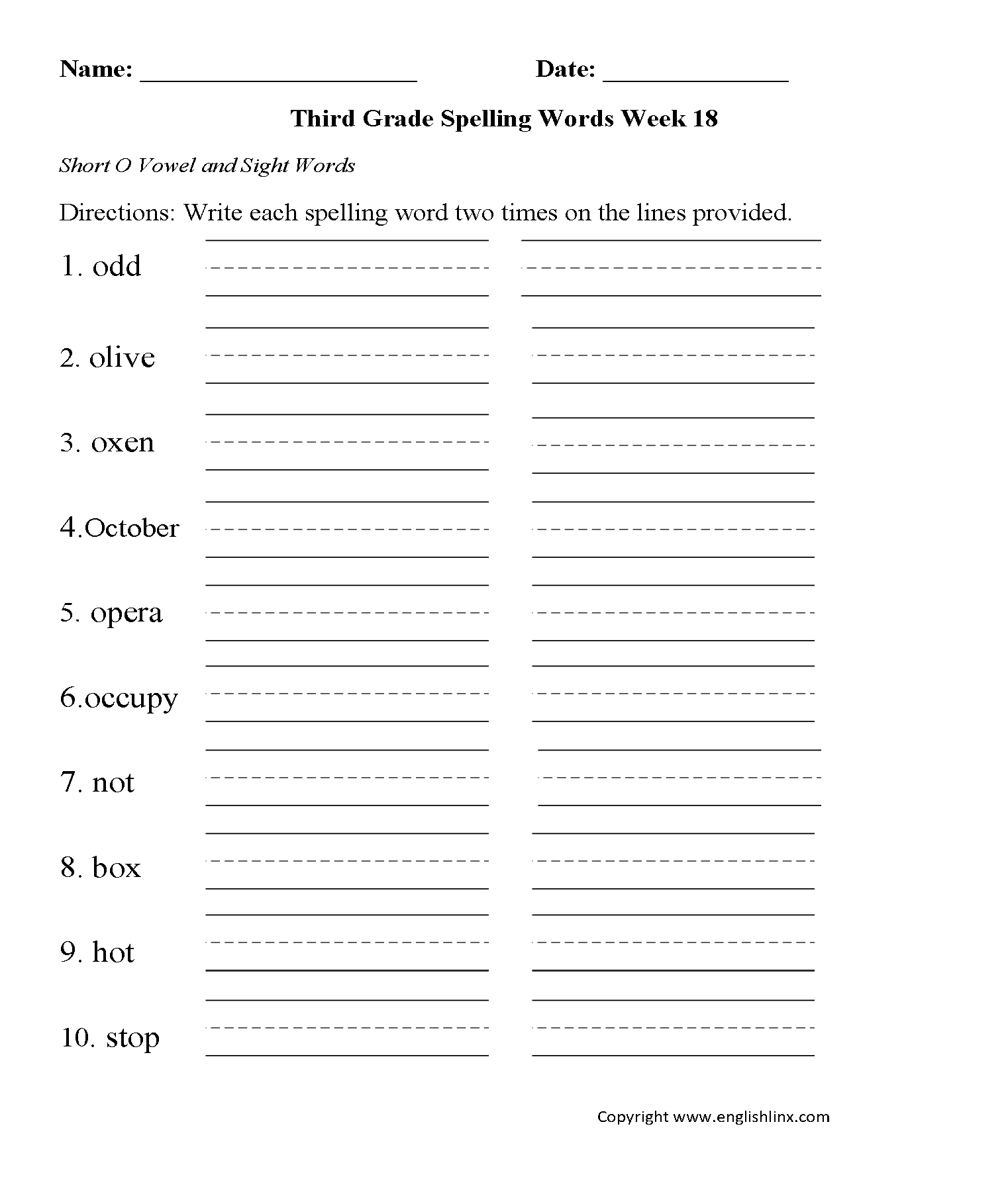 Week 18 Short O Vowel Third Grade Spelling Worksheets