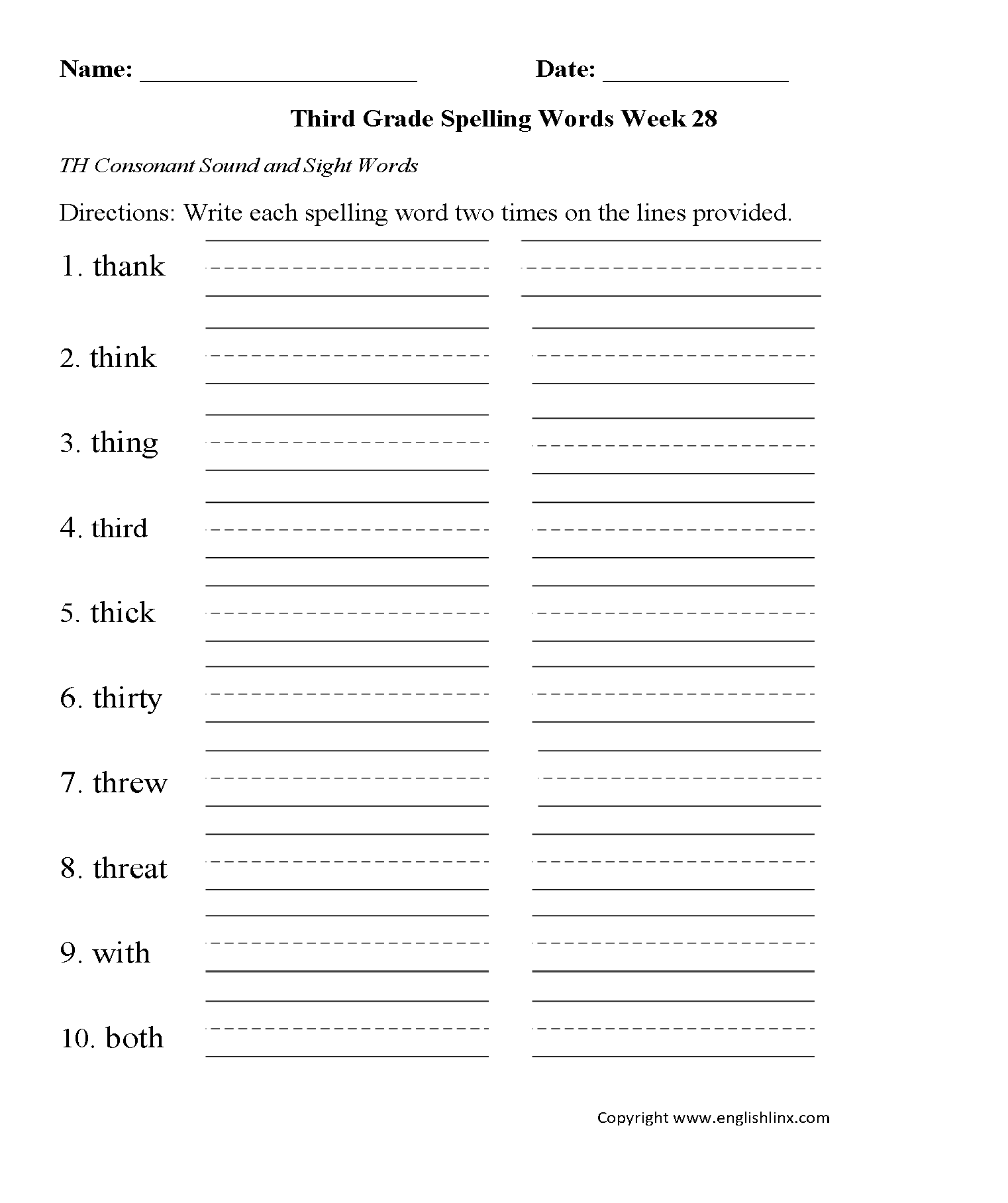Week 28 TH Consonant Third Grade Spelling Worksheets