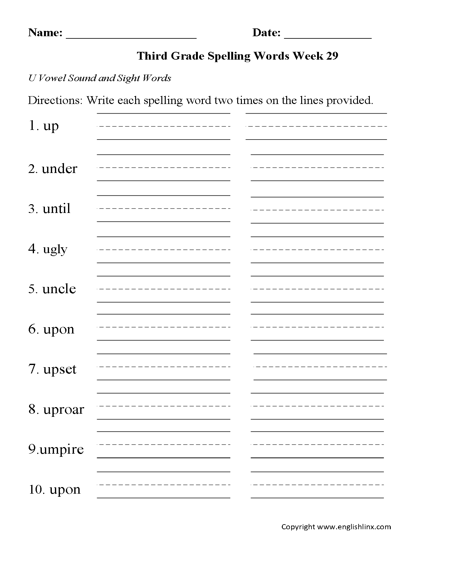 Week 29 U Vowel Third Grade Spelling Worksheets
