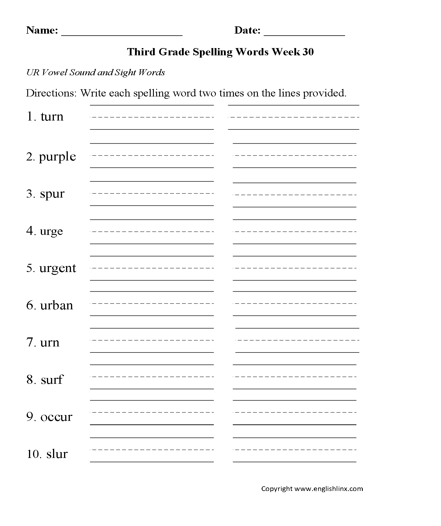 Week 30 UR Vowel Third Grade Spelling Worksheets