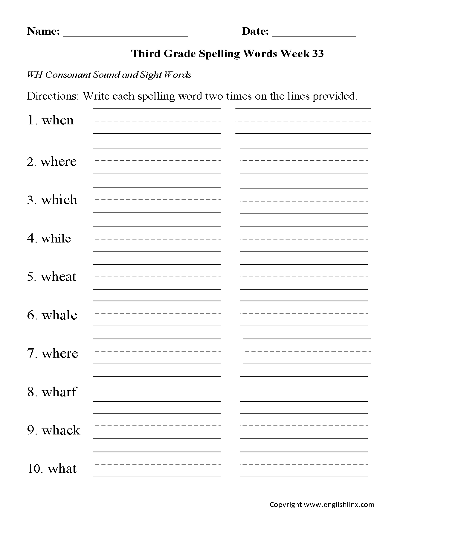 Week 33 WH Consonant Third Grade Spelling Worksheets