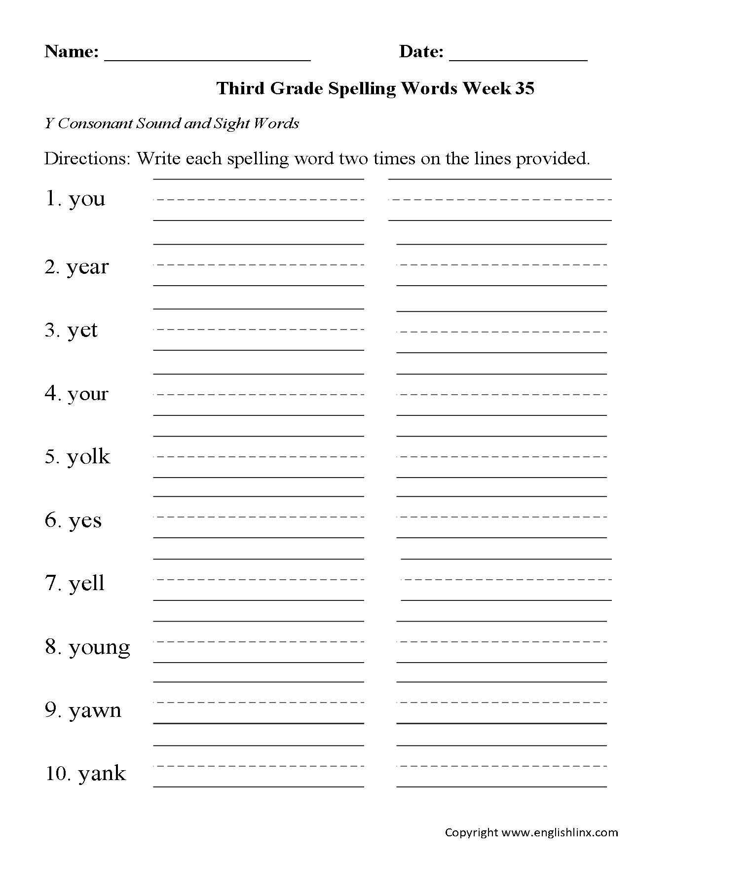 Week 35 Y Consonant Third Grade Spelling Worksheets