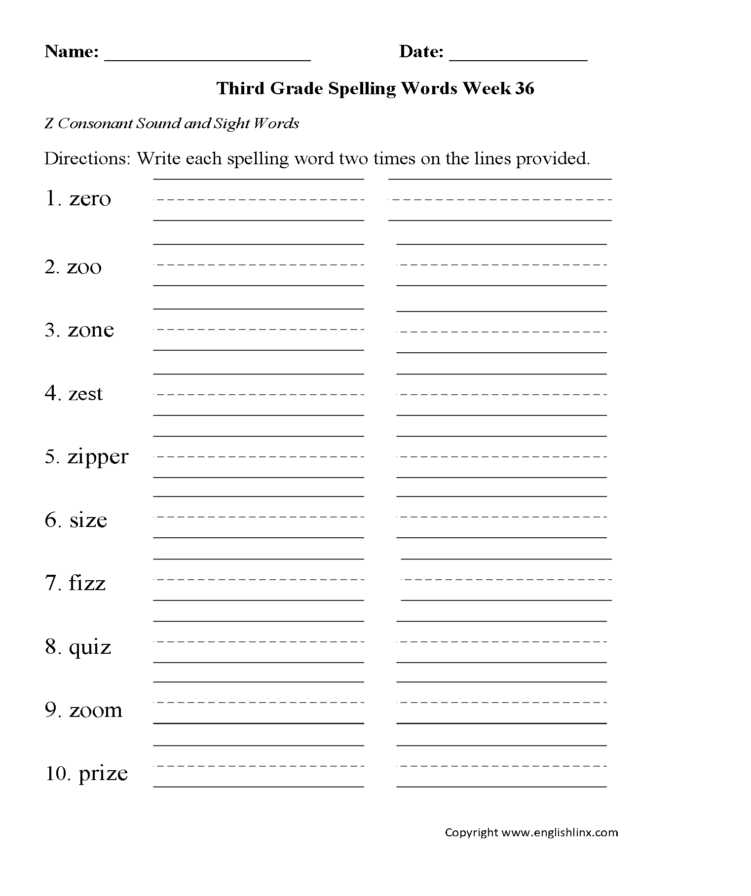 Week 36 Z Consonant Third Grade Spelling Worksheets
